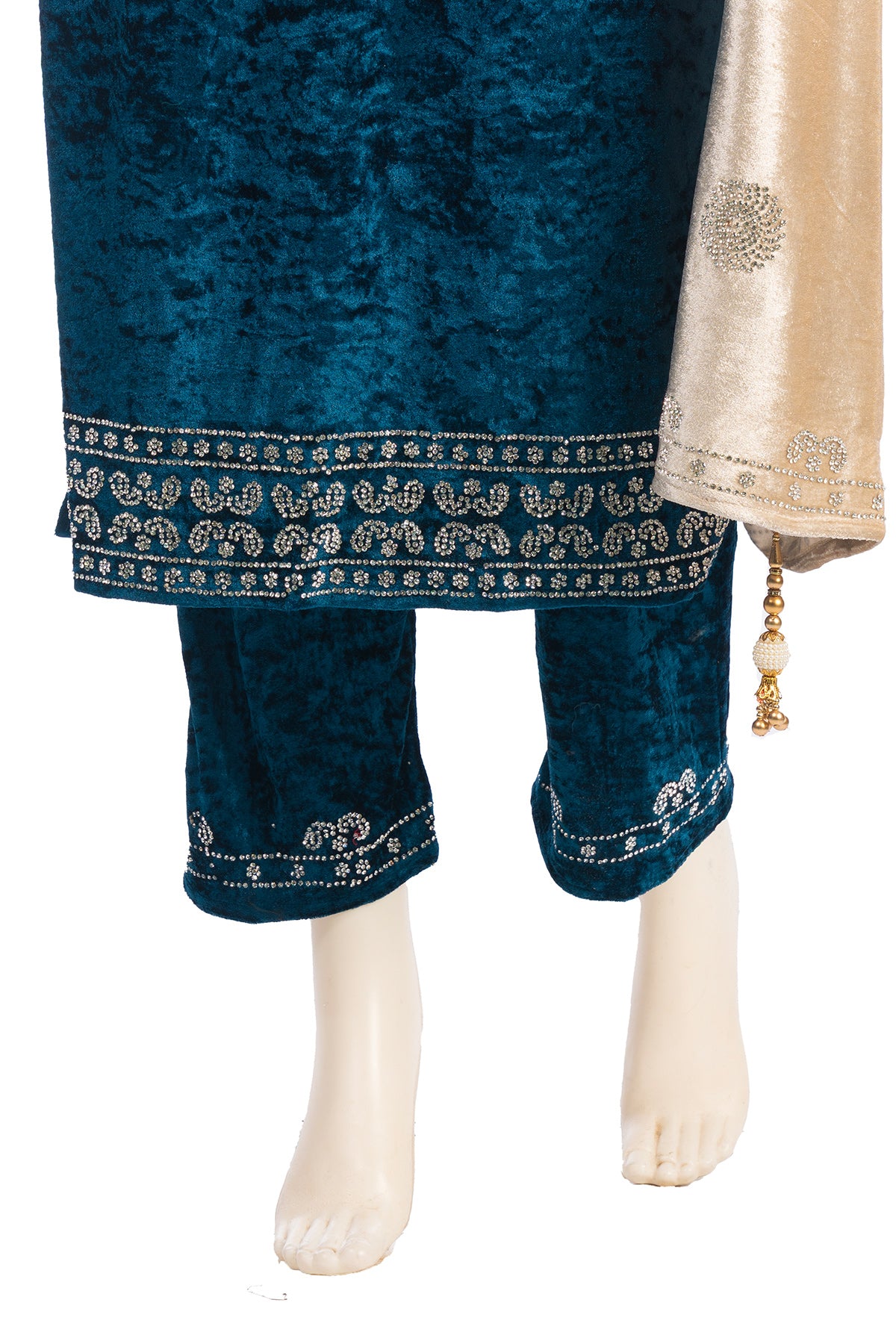 Silakaari Mahima Turquoise Dimond Pure Velvet Fancy Bridal Kurti Pant Set