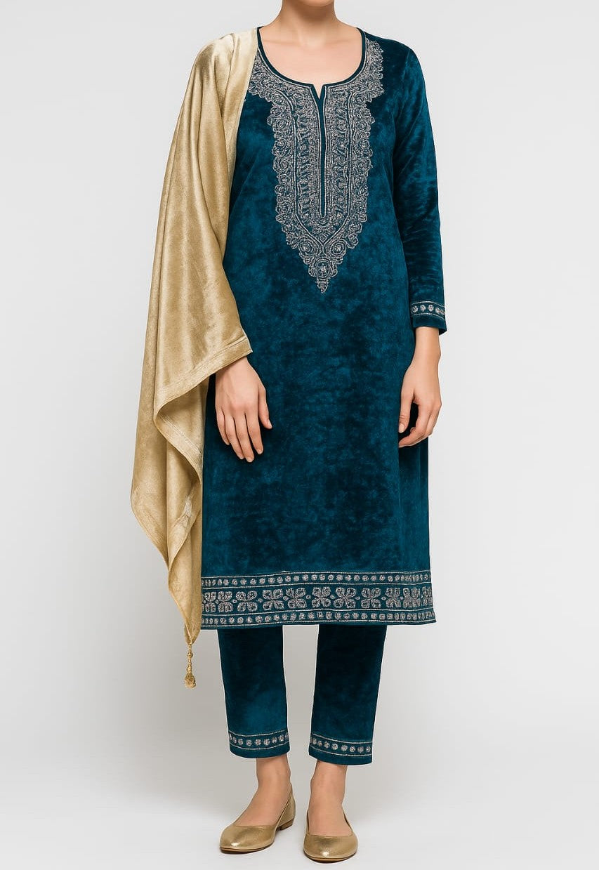 Silakaari Mahima Turquoise Dimond Pure Velvet Fancy Bridal Kurti Pant Set