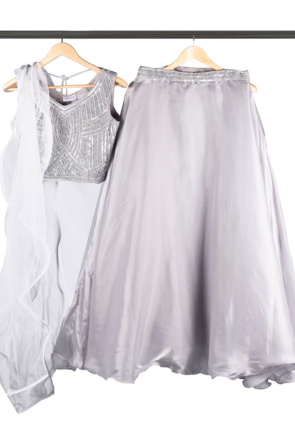 Silakaari Haya Steel Grey Organza Sequin Pearl Party wear Sharara set with Dupatta