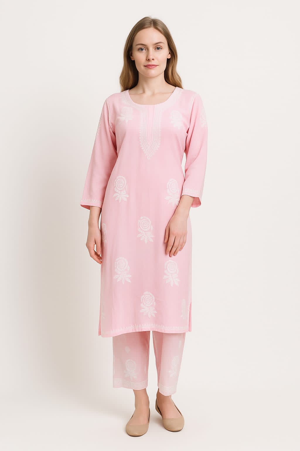 Silakaari Women's Baby Pink Modal Lucknowi Kurti Palazzo Set