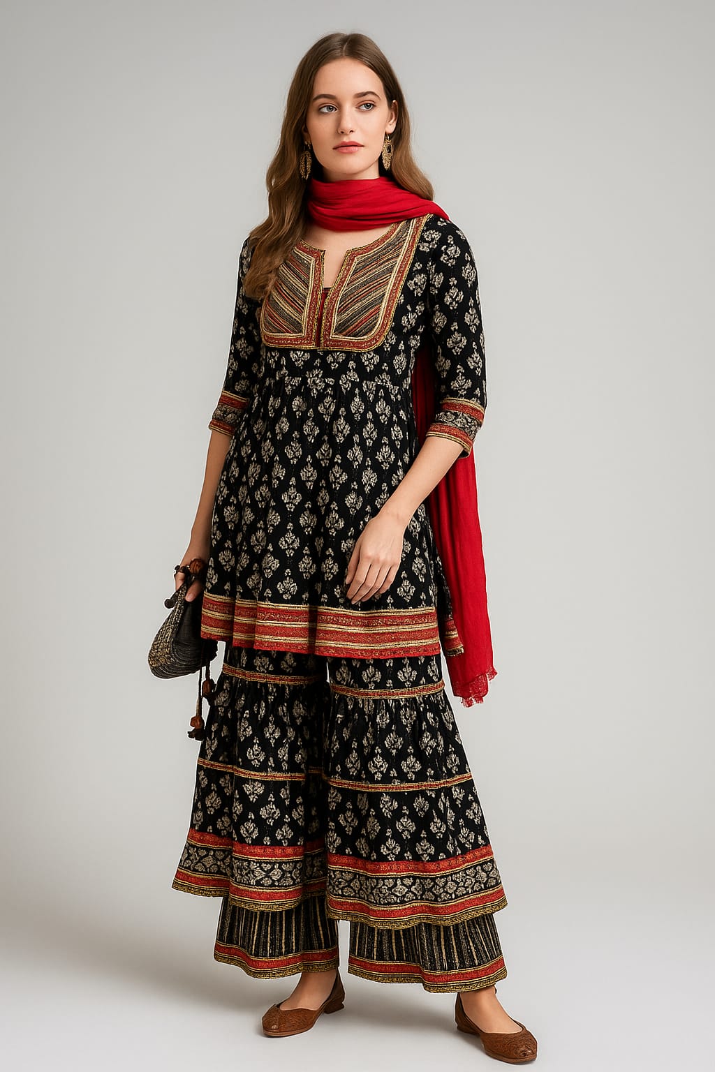 Silakaari Women's Black-Red Heavy Gota Patti Full Garara Set With Potli