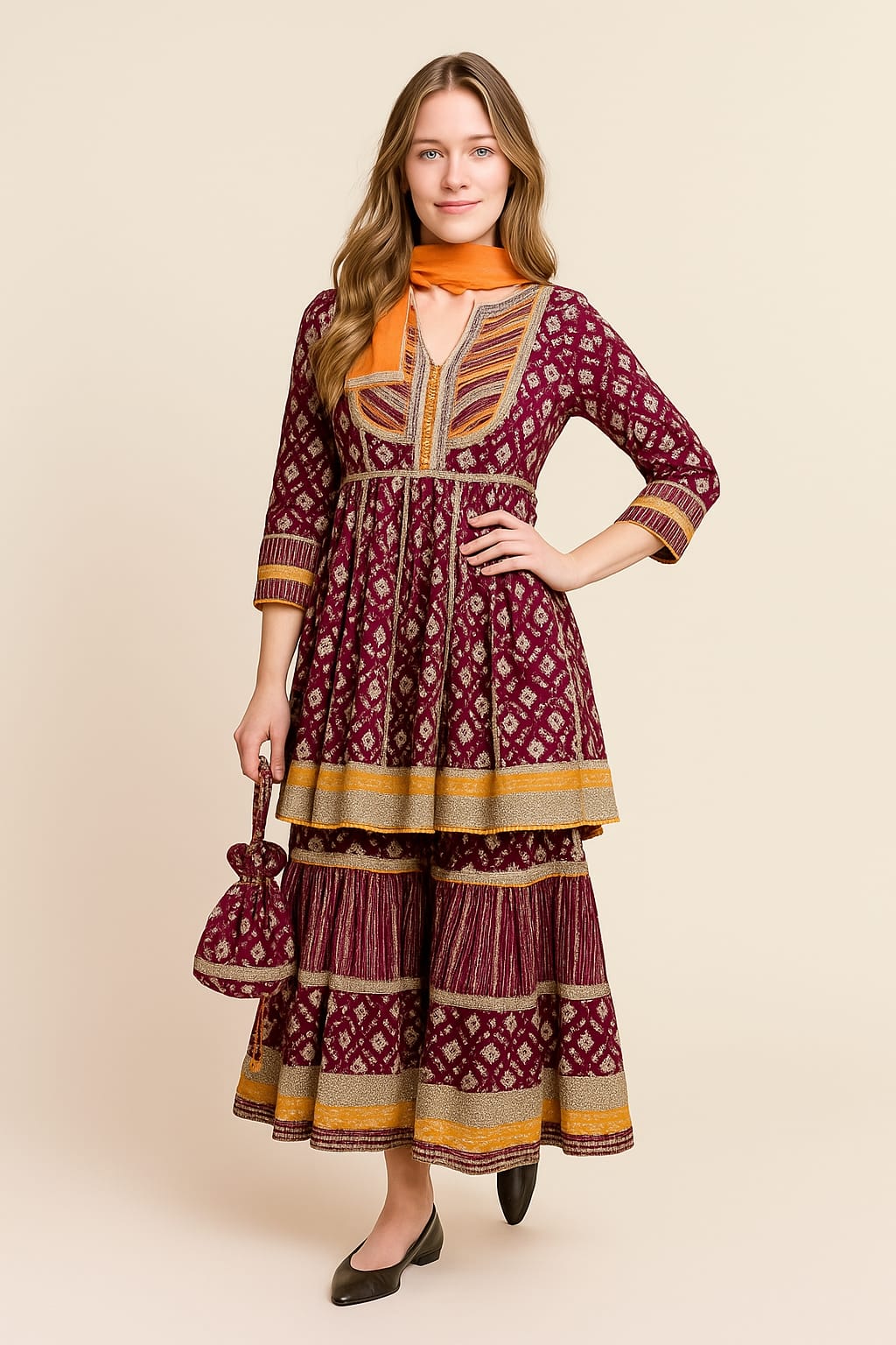 Silakaari Women's Maroon & Yellow Heavy Gotta Patti Full Garara Set With Potli