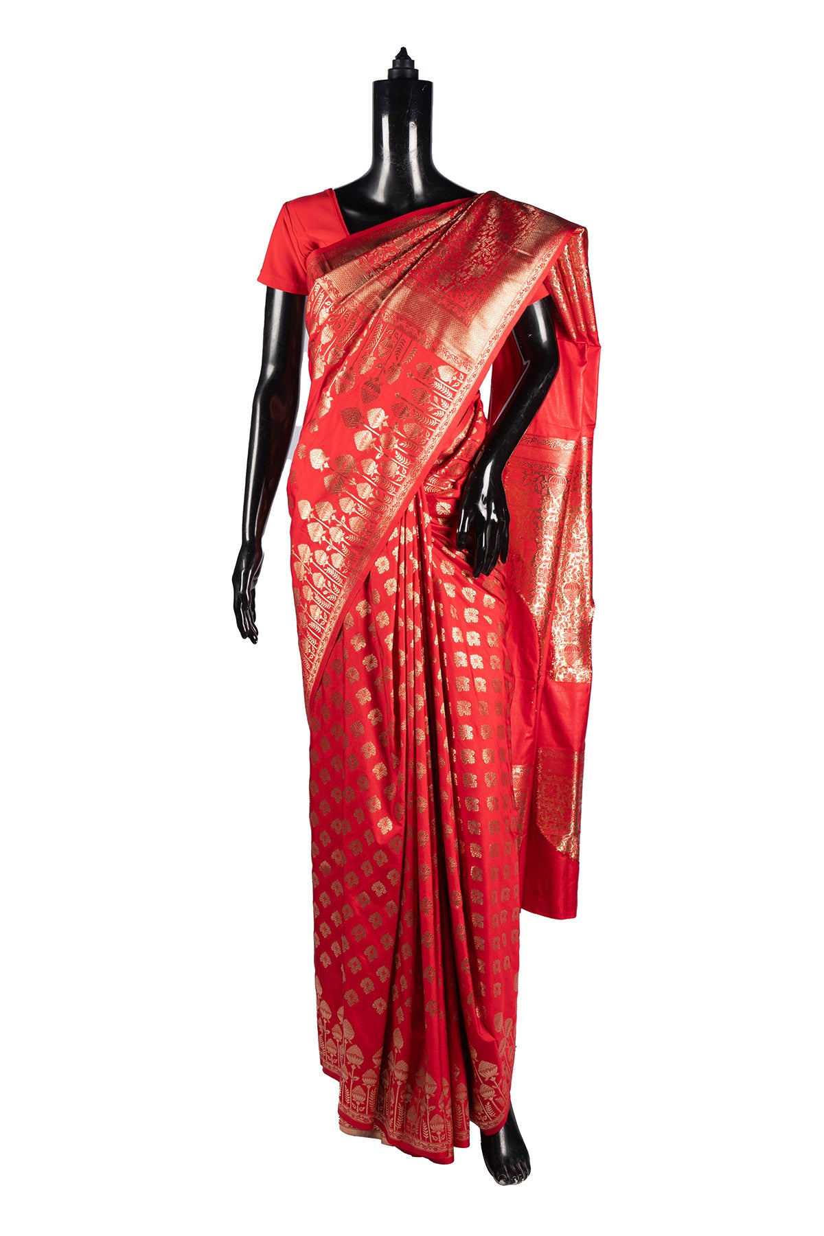 Silakaari Zari Banarasi Tango Gold-Red Woven Brocade Festive Saree