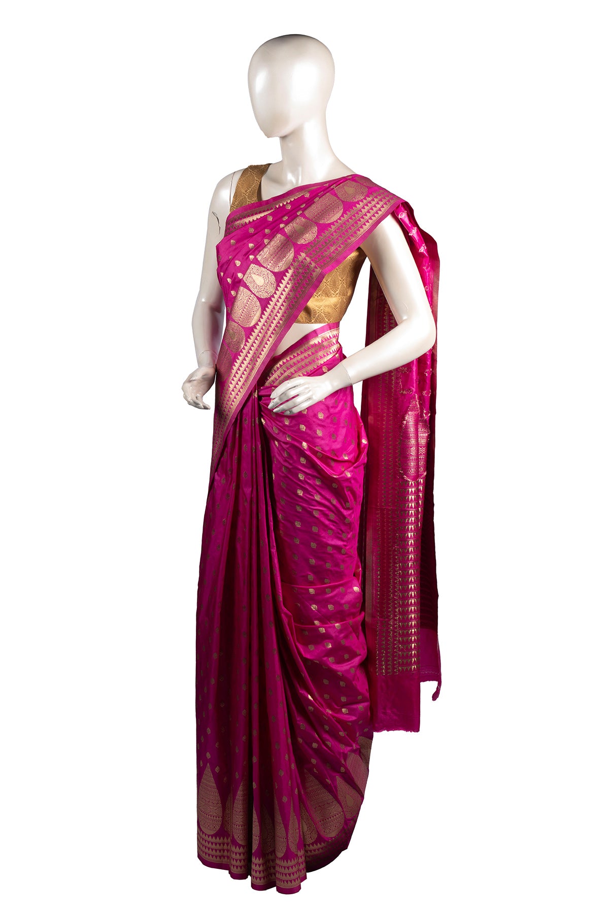 Silakaari Azmaish Hot Pink-Gold Tone Woven Silk Banarasi Saree