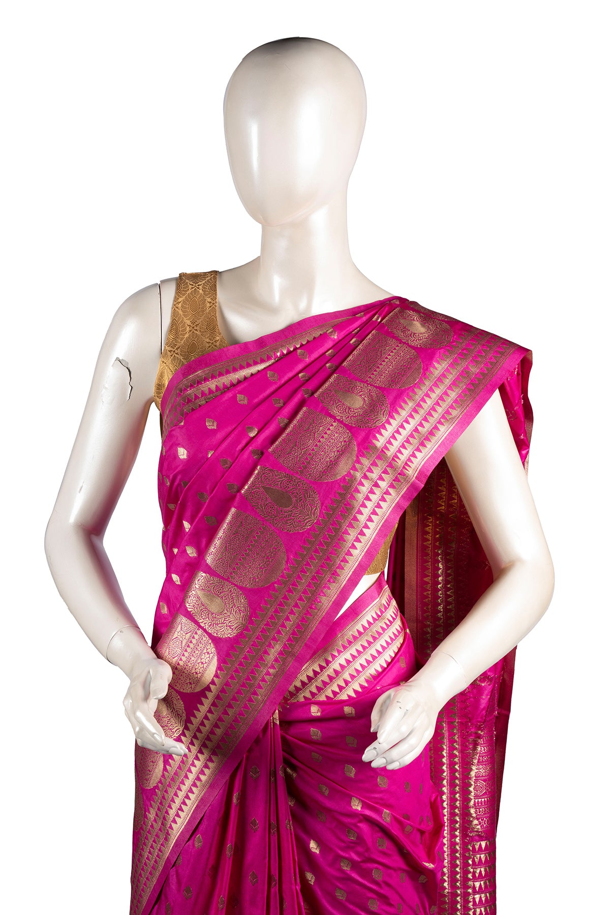 Silakaari Azmaish Hot Pink-Gold Tone Woven Silk Banarasi Saree