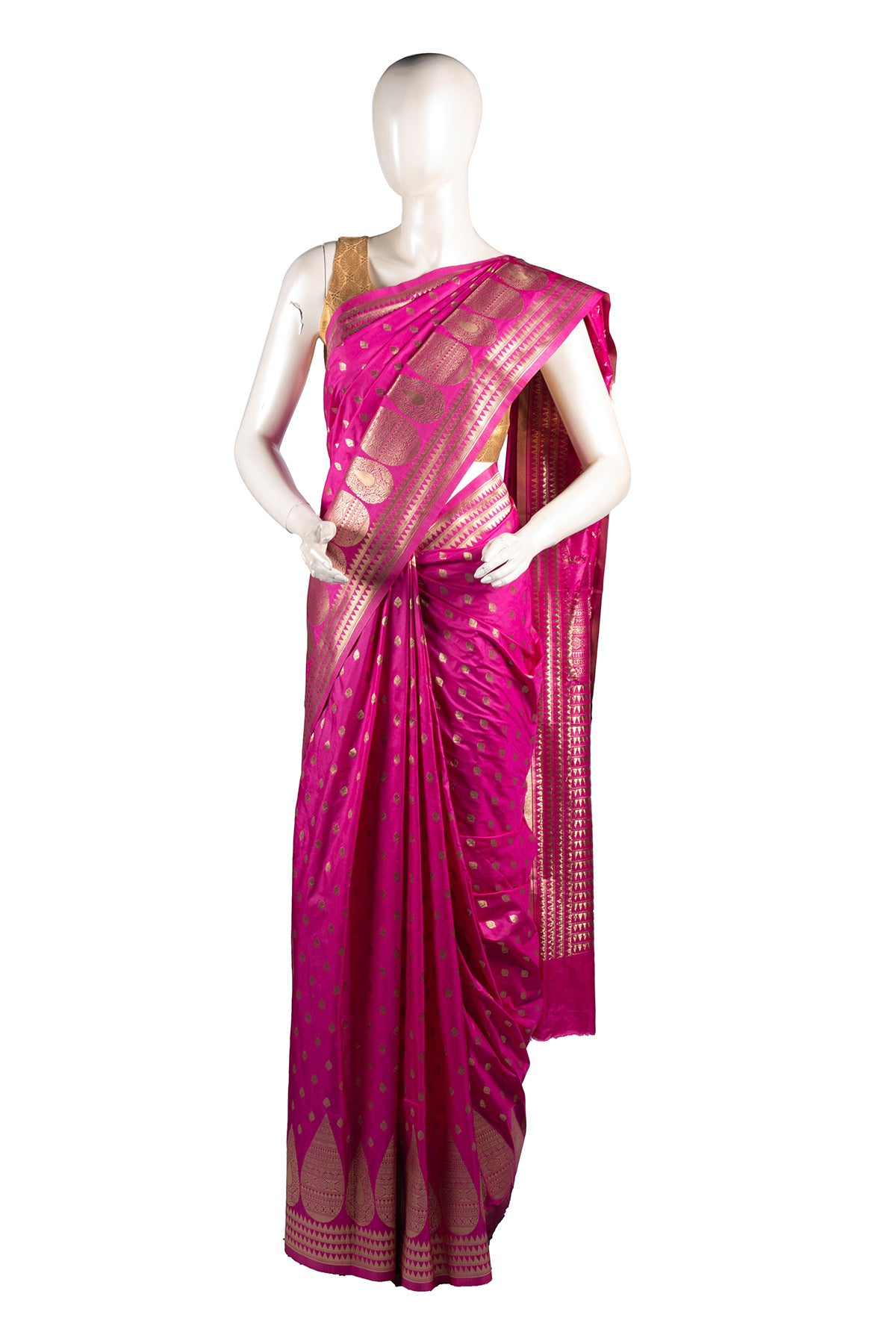 Silakaari Azmaish Hot Pink-Gold Tone Woven Silk Banarasi Saree