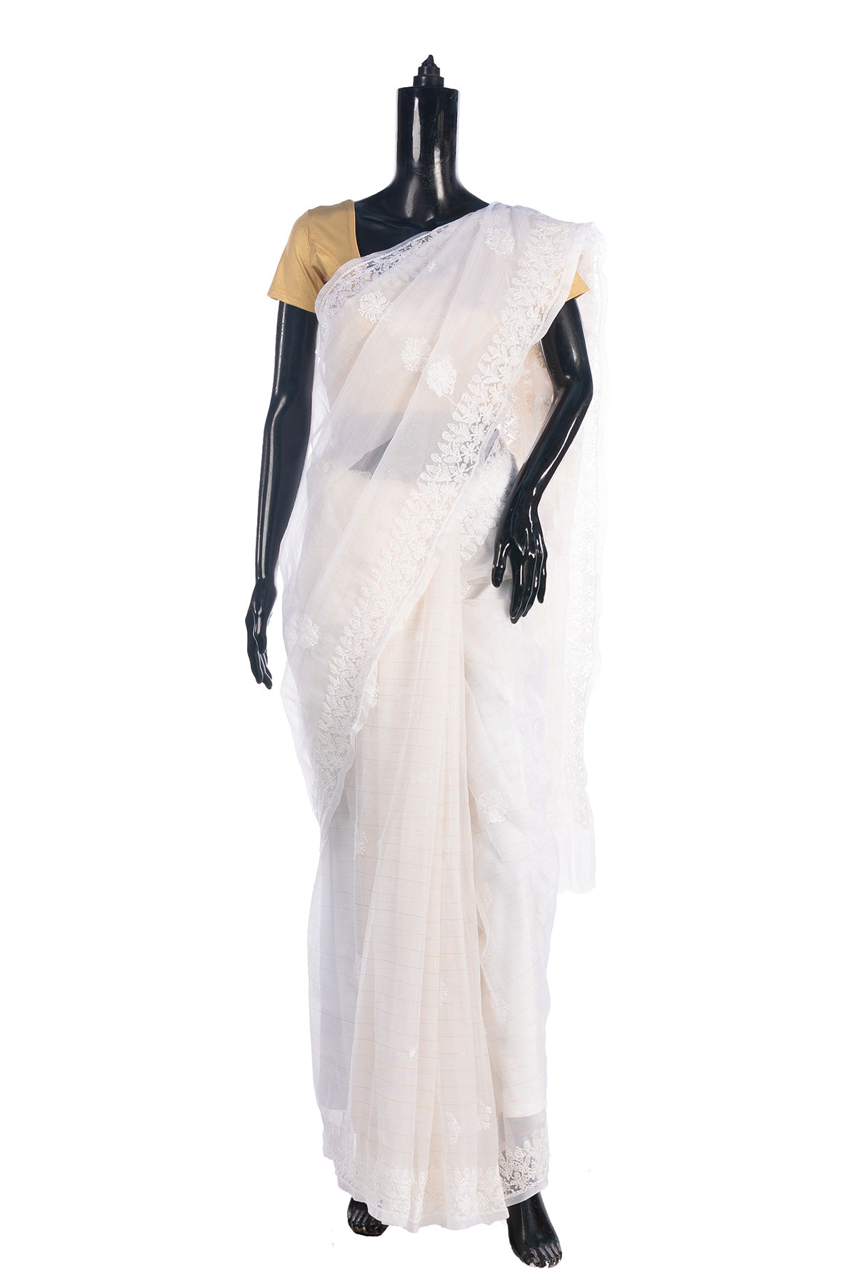 Silakaari Cream-Gold Pure Organza Fine Handwork Lucknowi Premium Saree