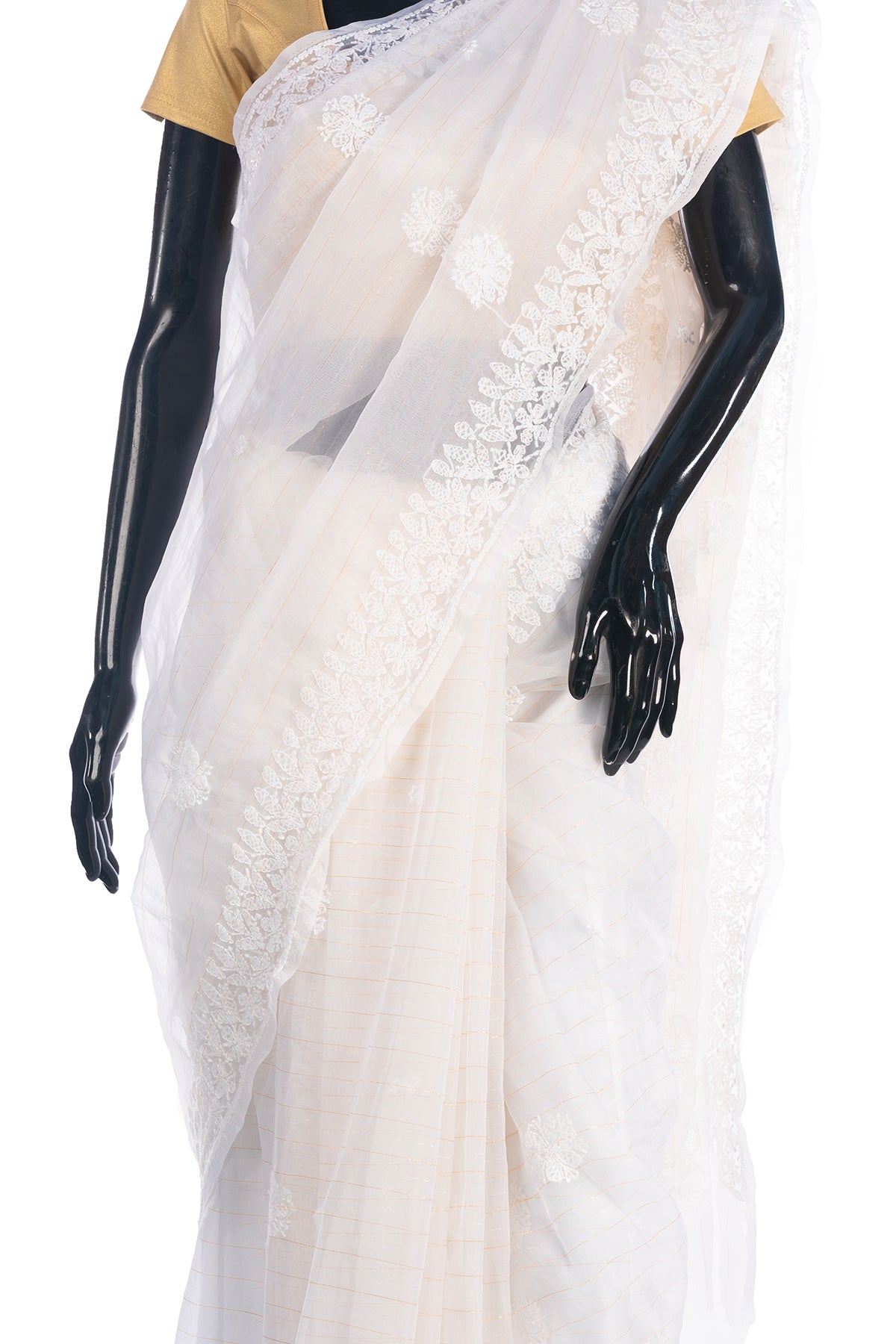 Silakaari Cream-Gold Pure Organza Fine Handwork Lucknowi Premium Saree