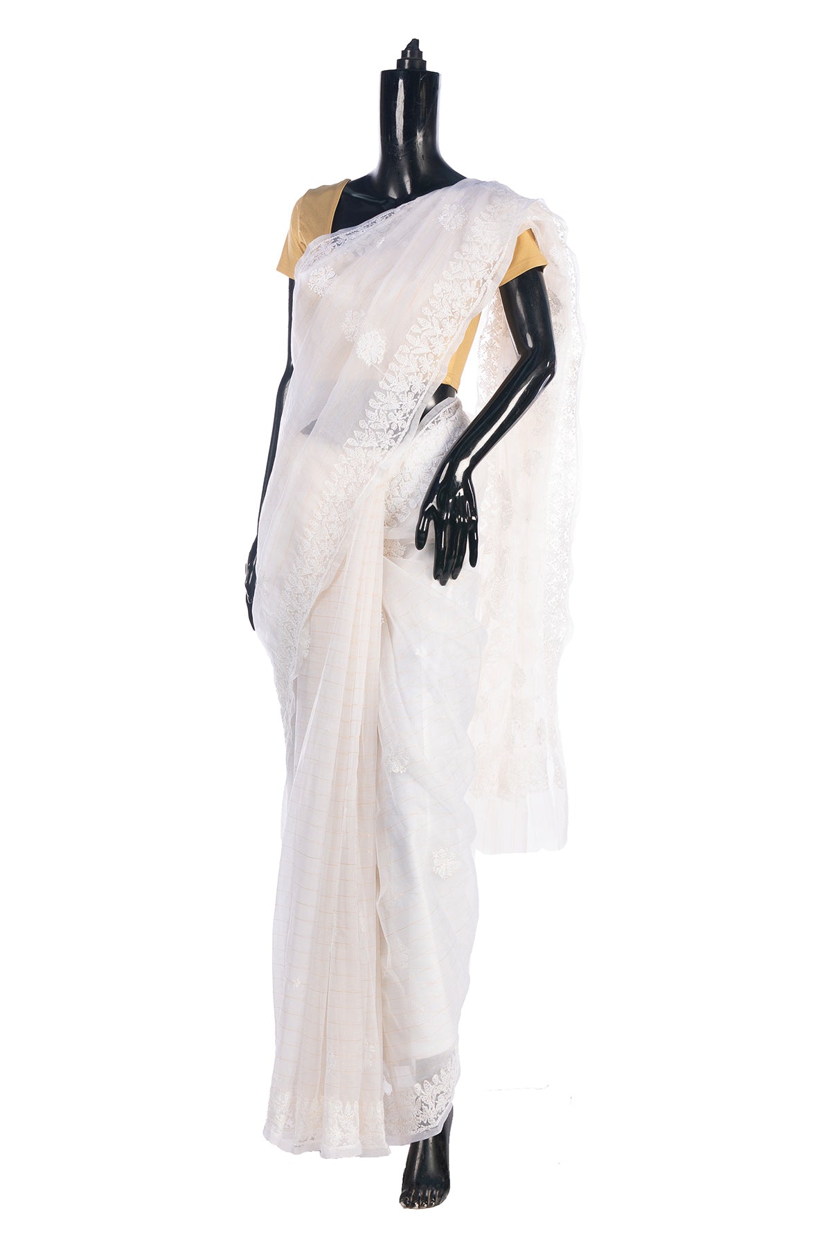 Silakaari Cream-Gold Pure Organza Fine Handwork Lucknowi Premium Saree