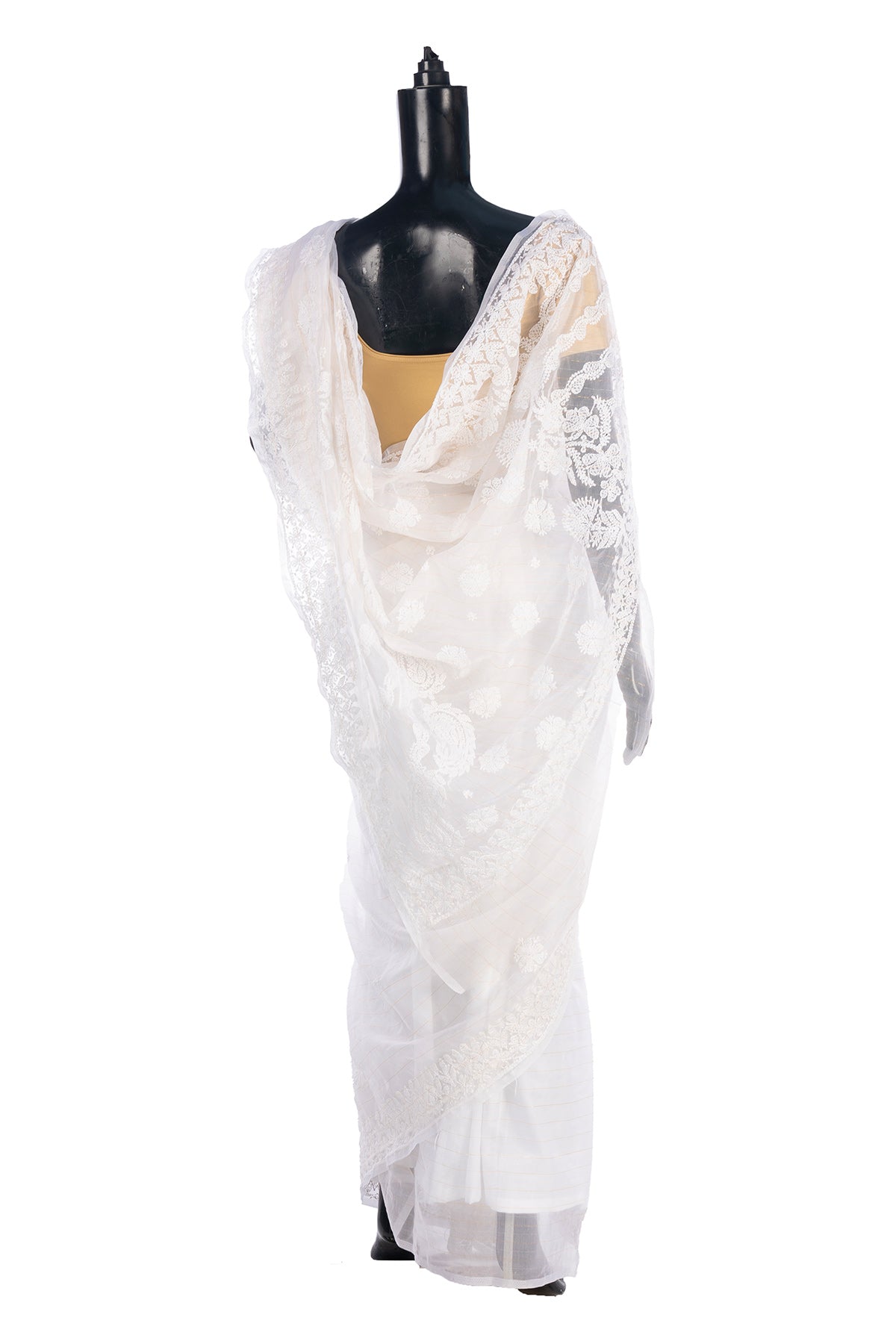 Silakaari Cream-Gold Pure Organza Fine Handwork Lucknowi Premium Saree
