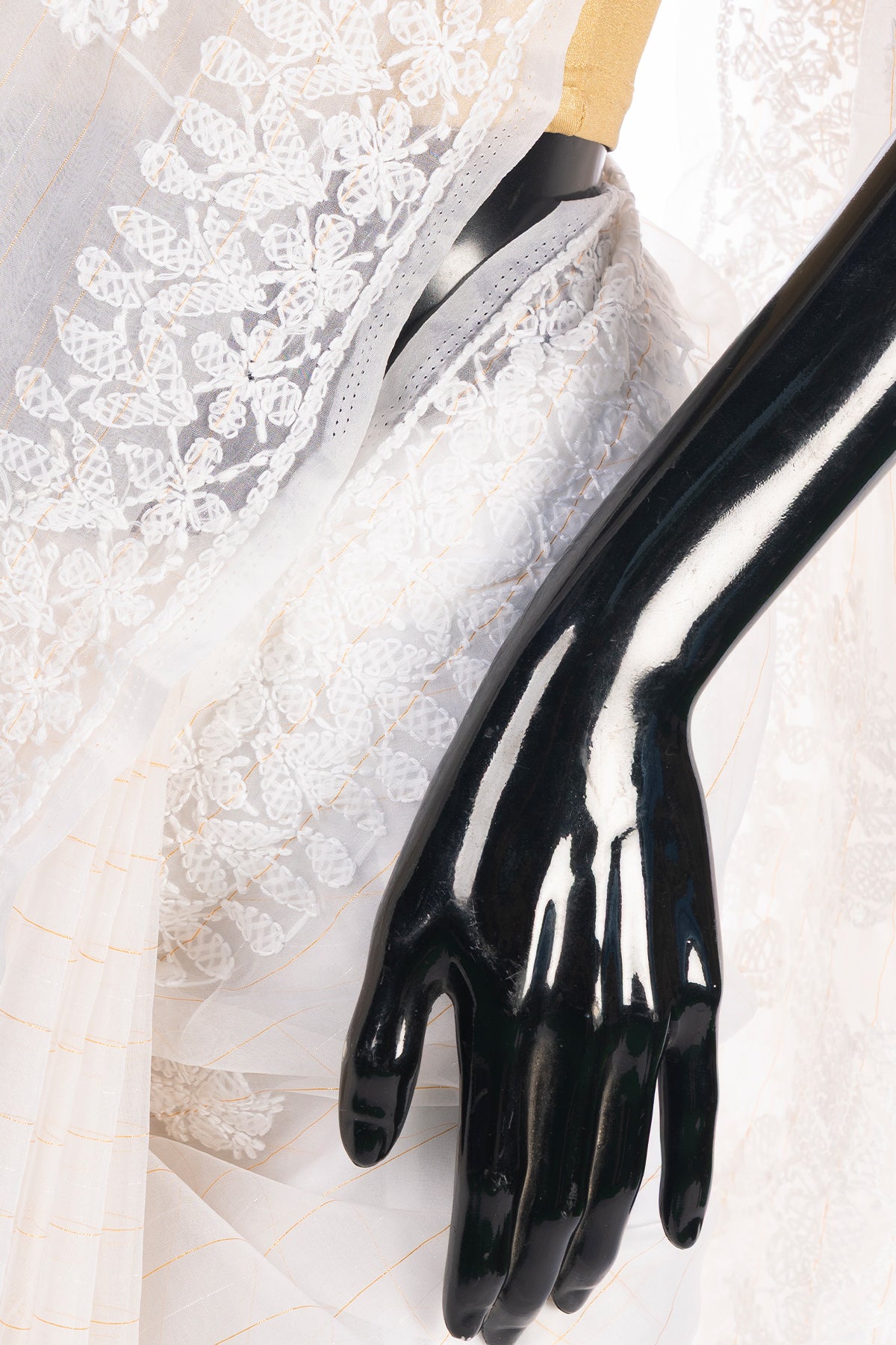 Silakaari Cream-Gold Pure Organza Fine Handwork Lucknowi Premium Saree