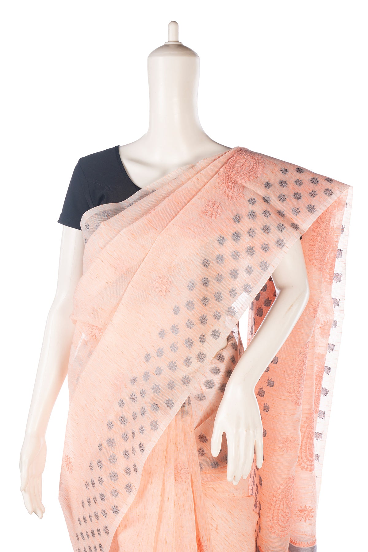 Silakaari Rangrez Peach-Grey Pure HandWork Chanderi Lucknowi Premium Saree