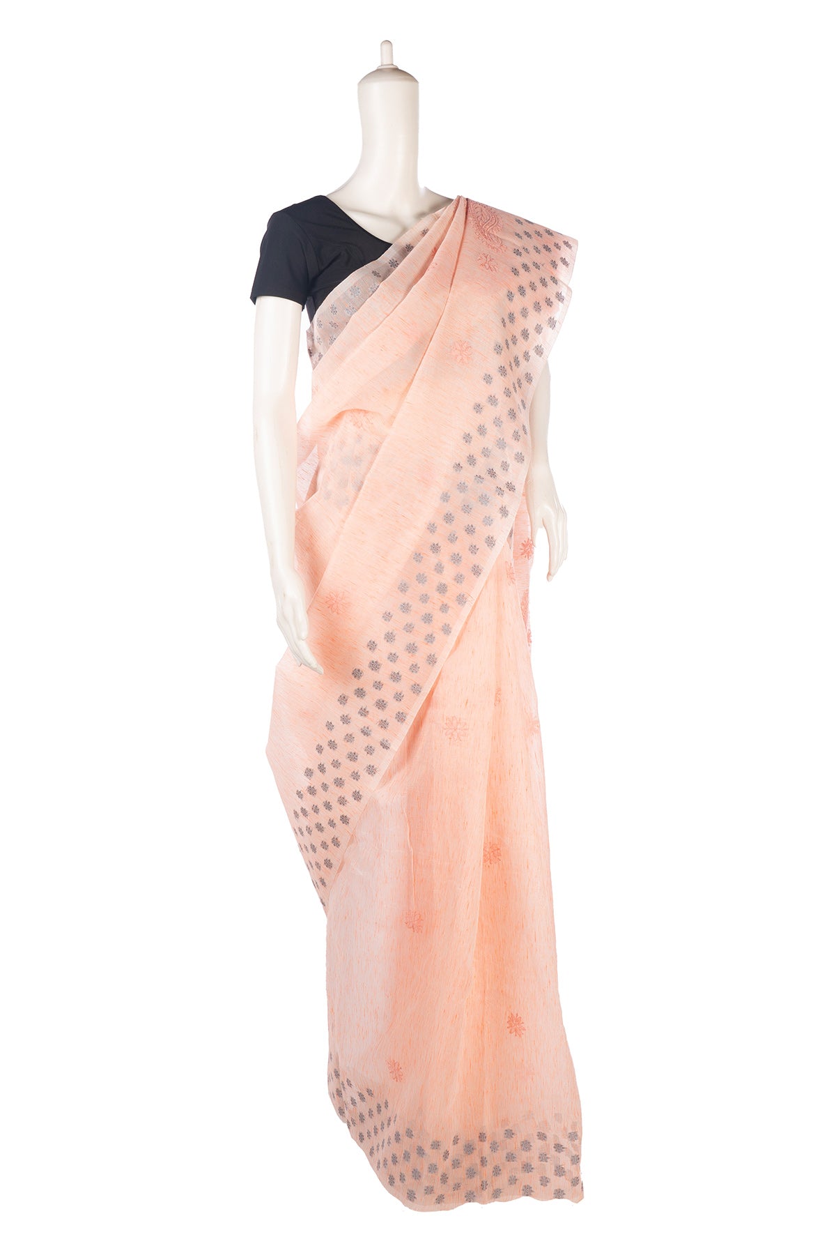 Silakaari Rangrez Peach-Grey Pure HandWork Chanderi Lucknowi Premium Saree