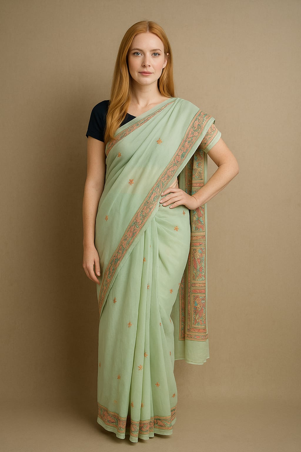Silakaari Suhani Dual Tone Casual Green Lucknowi Embroidery Premium Saree