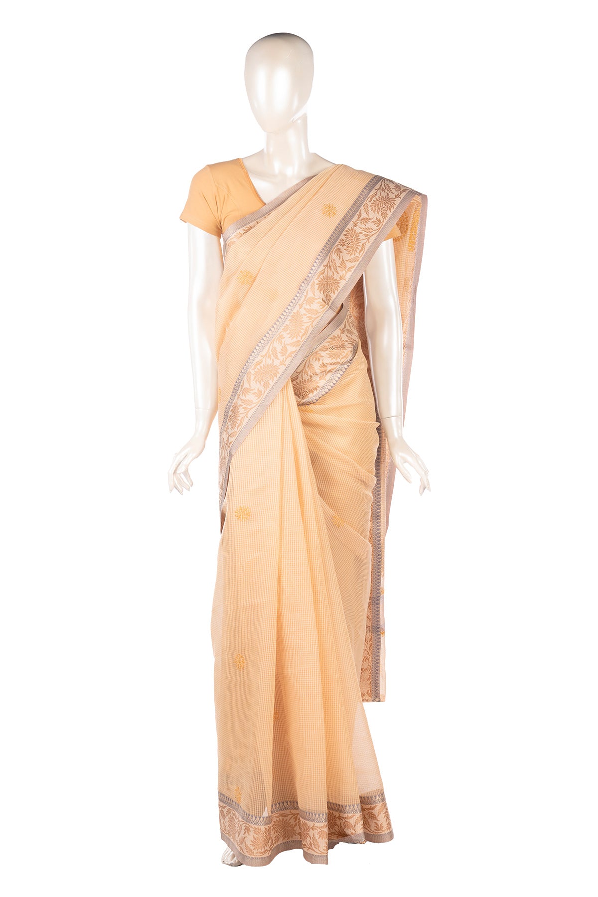 Silakaari Suvidha Beige-Gold Pure Chanderi Premium HandWork Partywear Saree