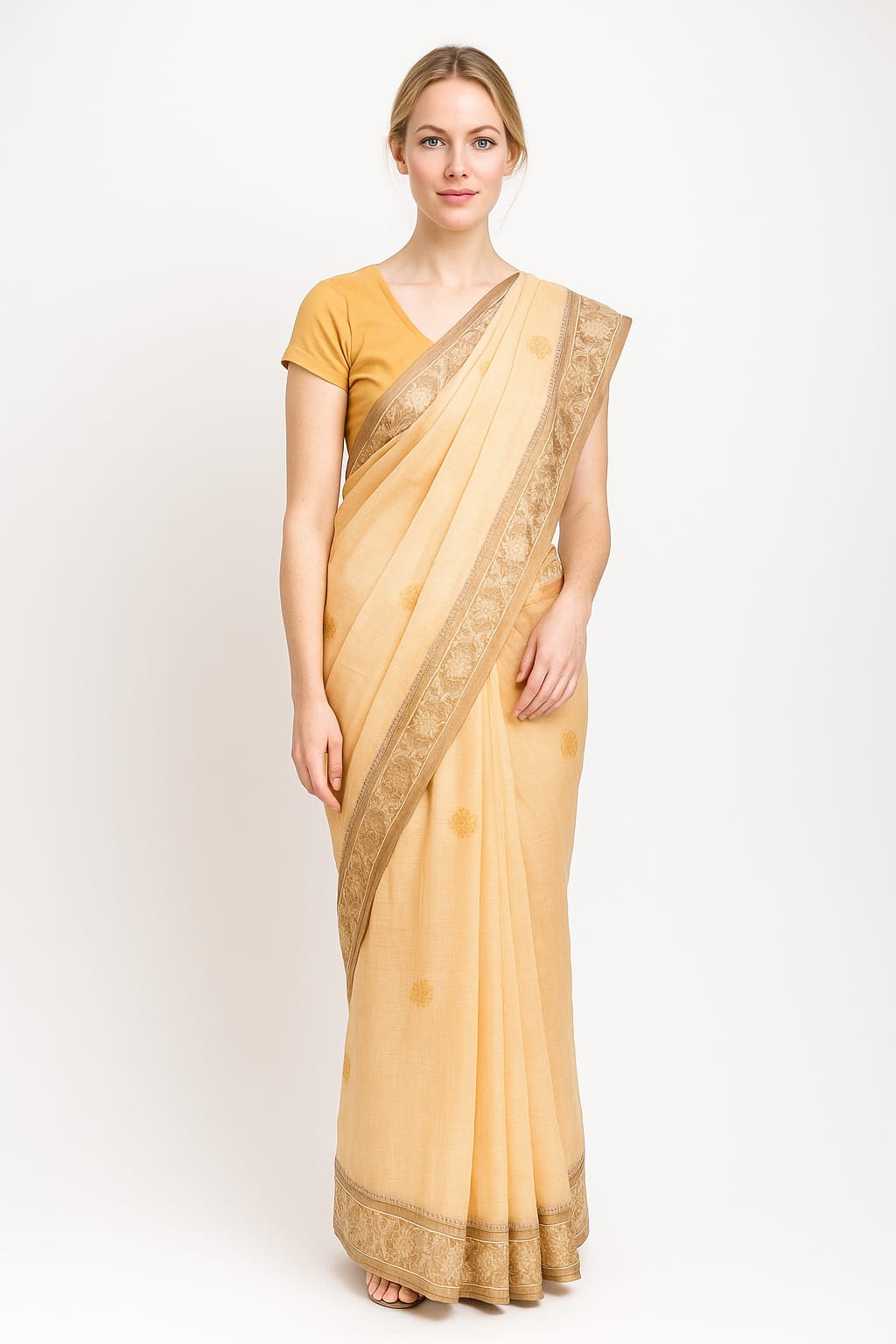 Silakaari Suvidha Beige-Gold Pure Chanderi Premium HandWork Partywear Saree