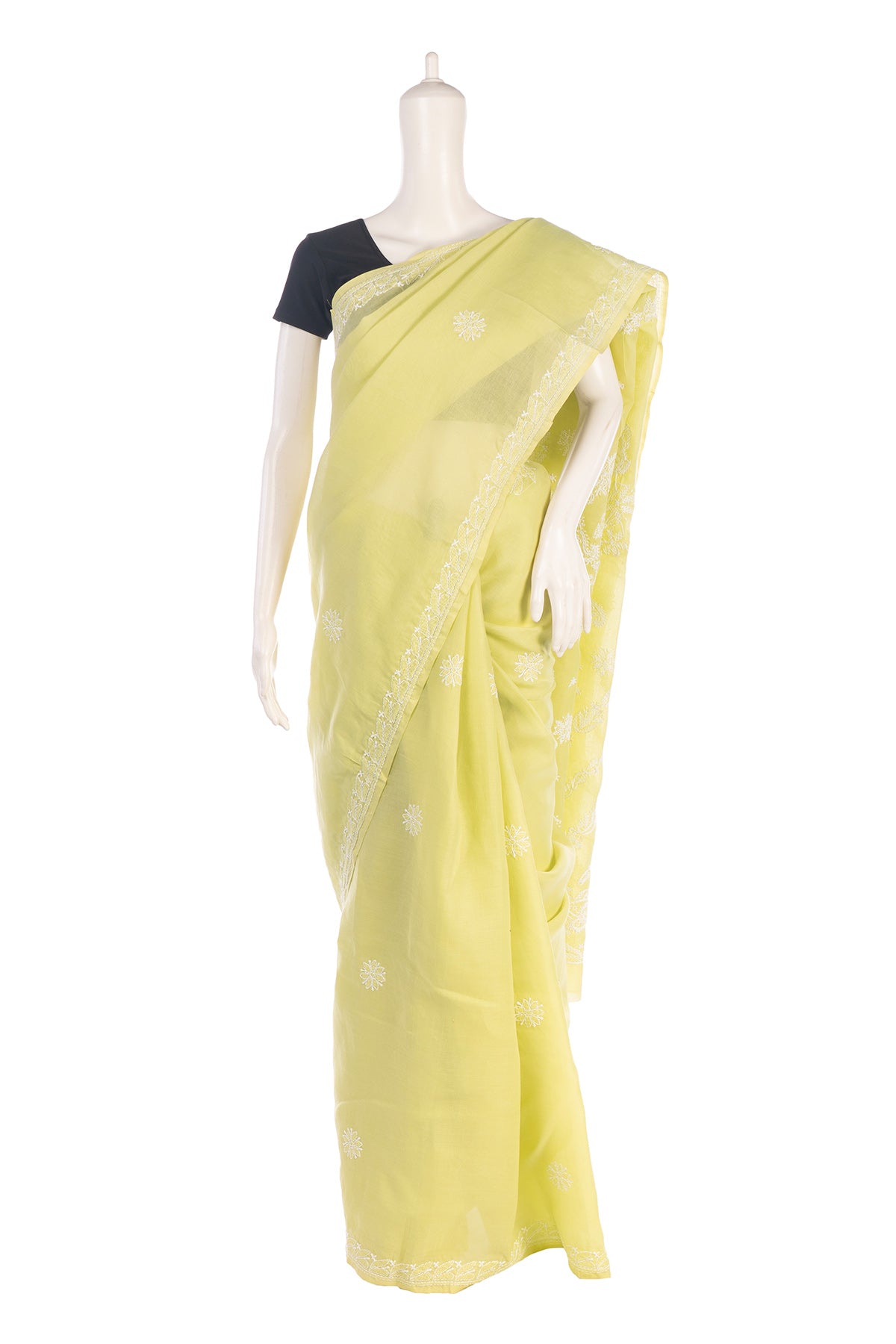 Silakaari Haryali Green-White Pure Cotton Fine Embroidery Lucknowi Saree