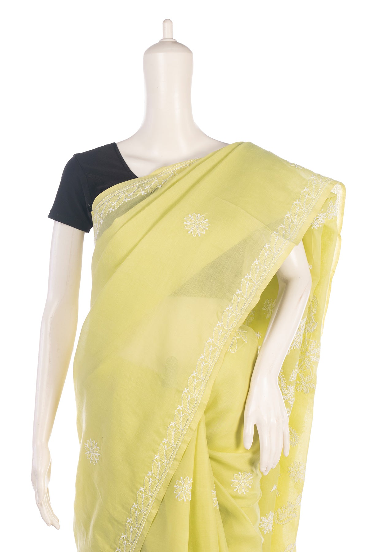 Silakaari Haryali Green-White Pure Cotton Fine Embroidery Lucknowi Saree