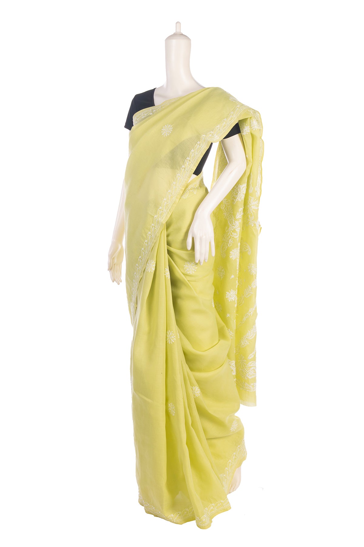 Silakaari Haryali Green-White Pure Cotton Fine Embroidery Lucknowi Saree