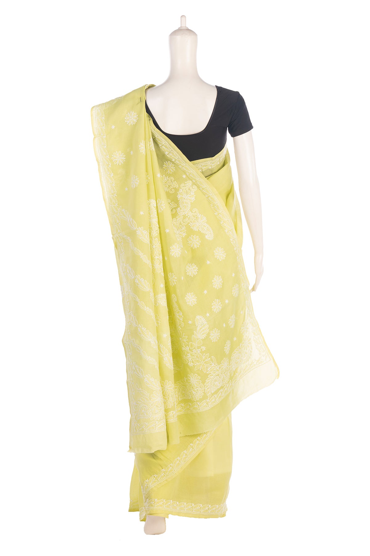 Silakaari Haryali Green-White Pure Cotton Fine Embroidery Lucknowi Saree