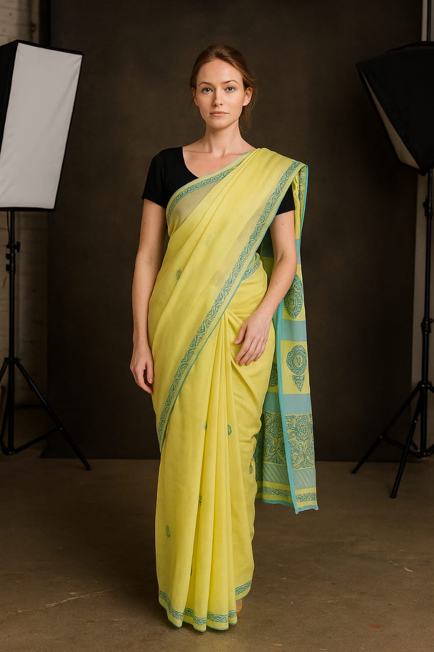 Silakaari Samiksha Green-Blue Patch work Pure Lucknowi Casual Wear Premium Saree