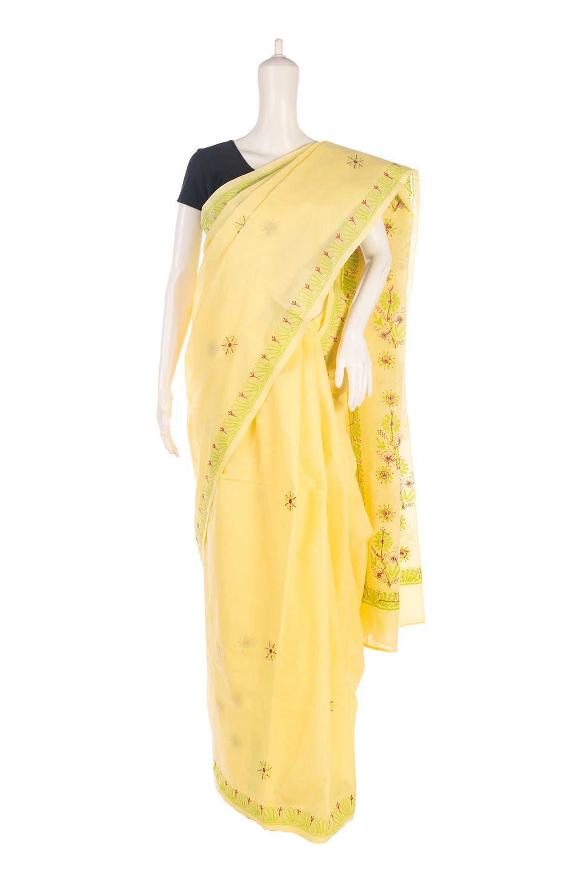 Silakaari Surajmukhi Yellow-Green Pure Cotton HandWork Lucknowi Saree