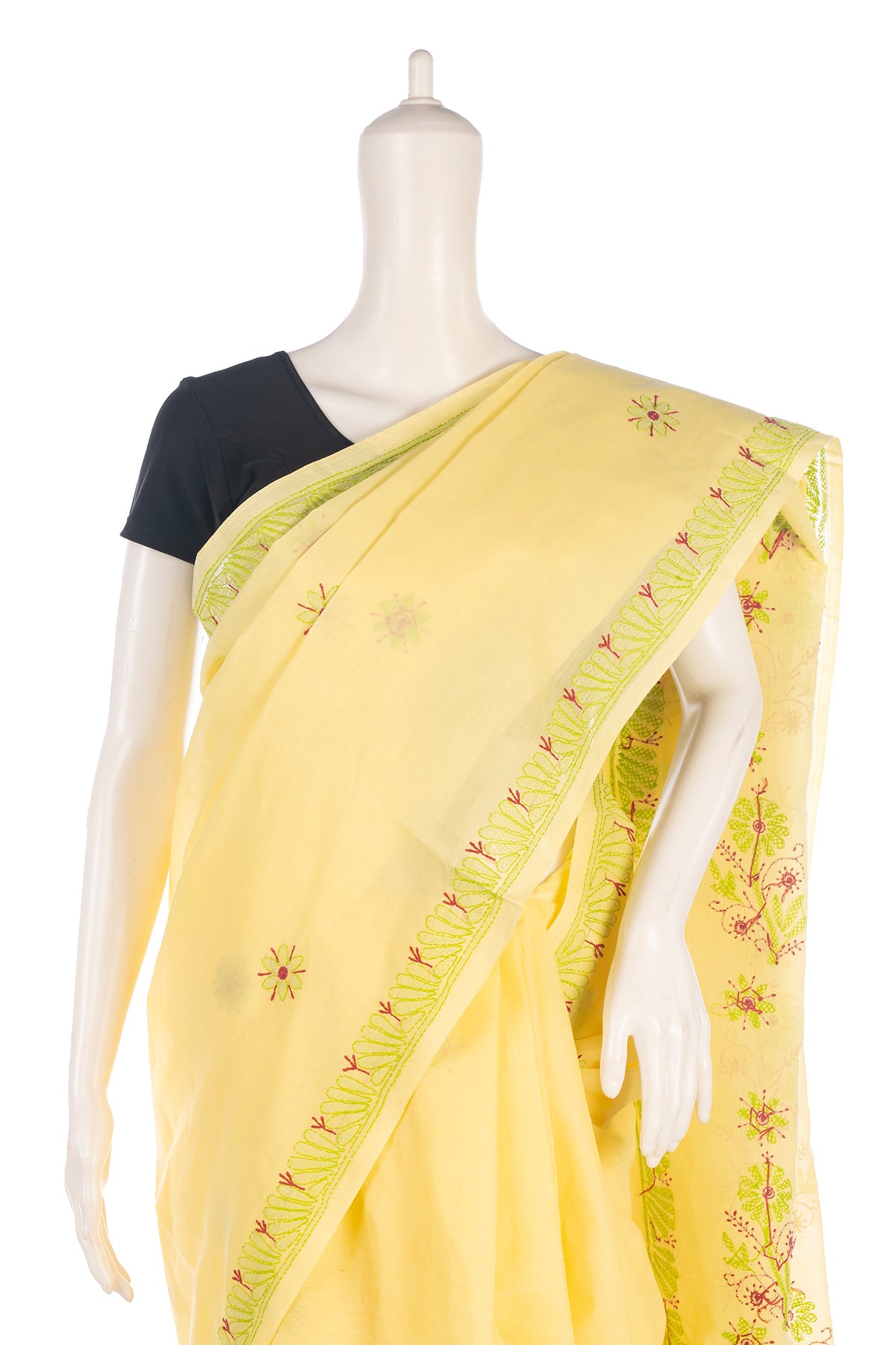 Silakaari Surajmukhi Yellow-Green Pure Cotton HandWork Lucknowi Saree