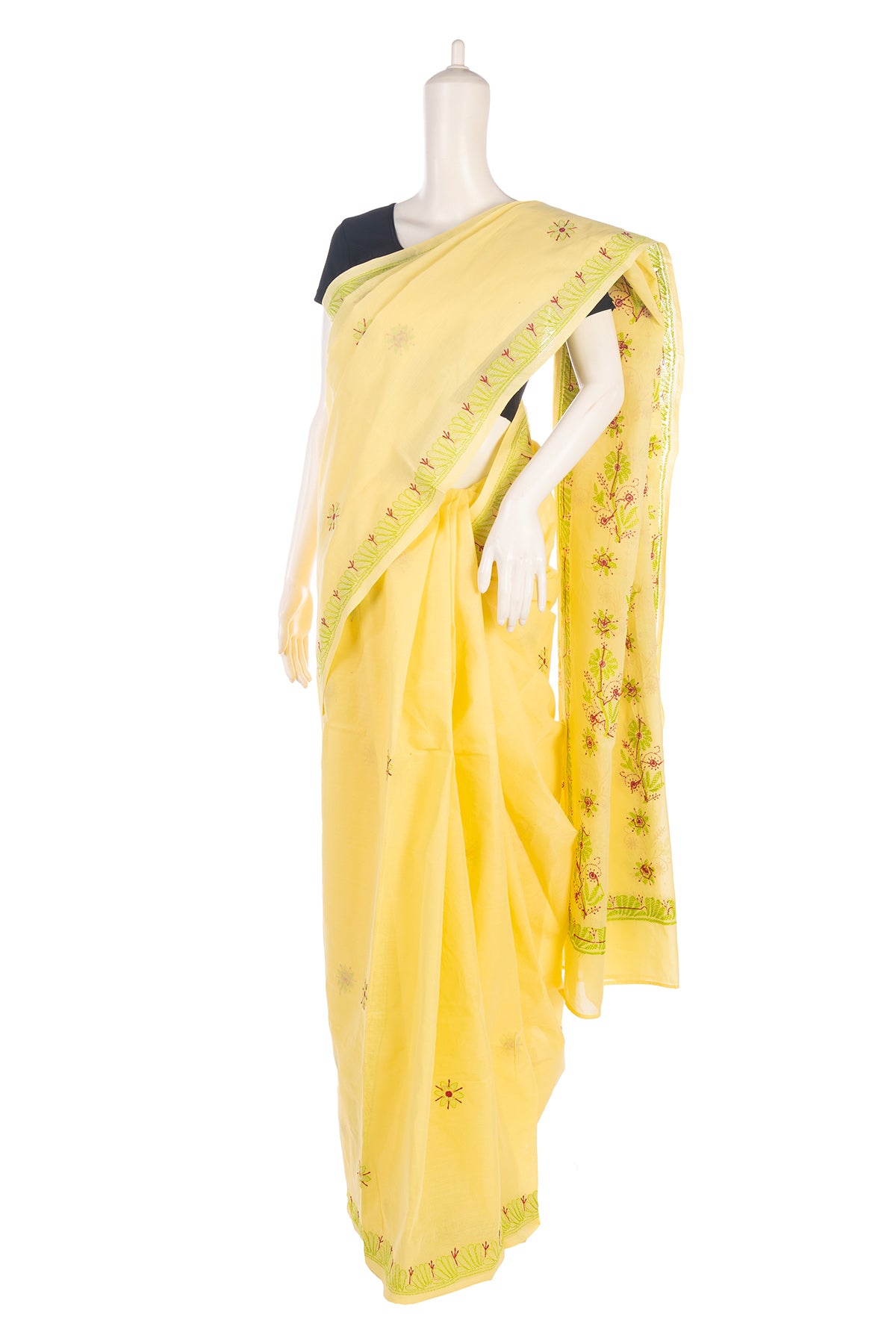 Silakaari Surajmukhi Yellow-Green Pure Cotton HandWork Lucknowi Saree