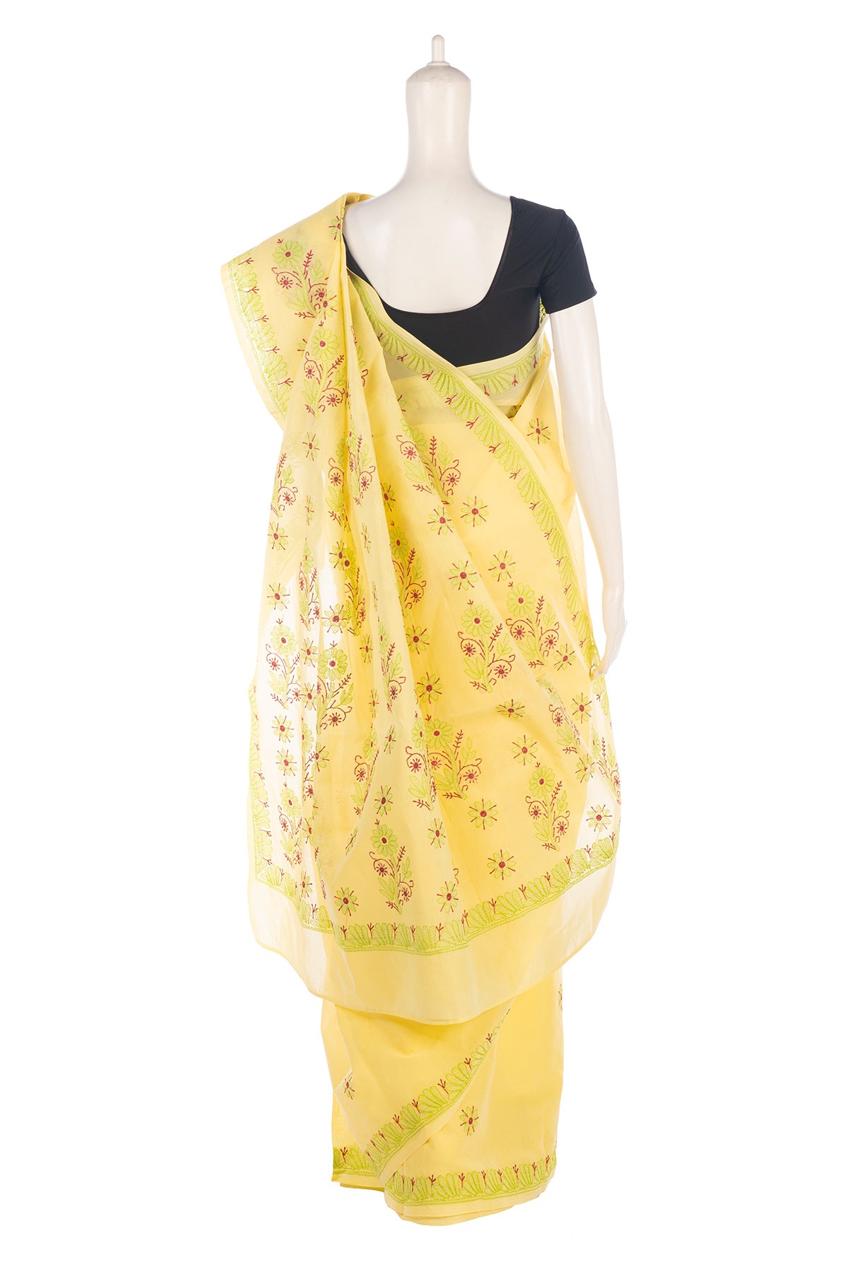 Silakaari Surajmukhi Yellow-Green Pure Cotton HandWork Lucknowi Saree
