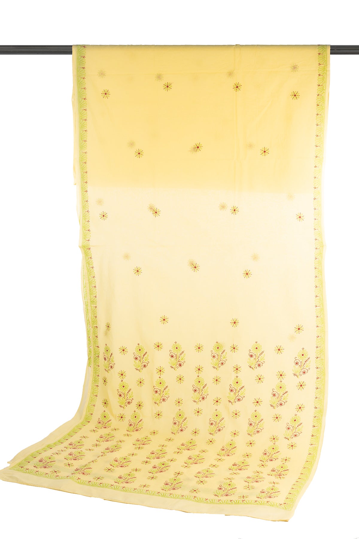 Silakaari Surajmukhi Yellow-Green Pure Cotton HandWork Lucknowi Saree