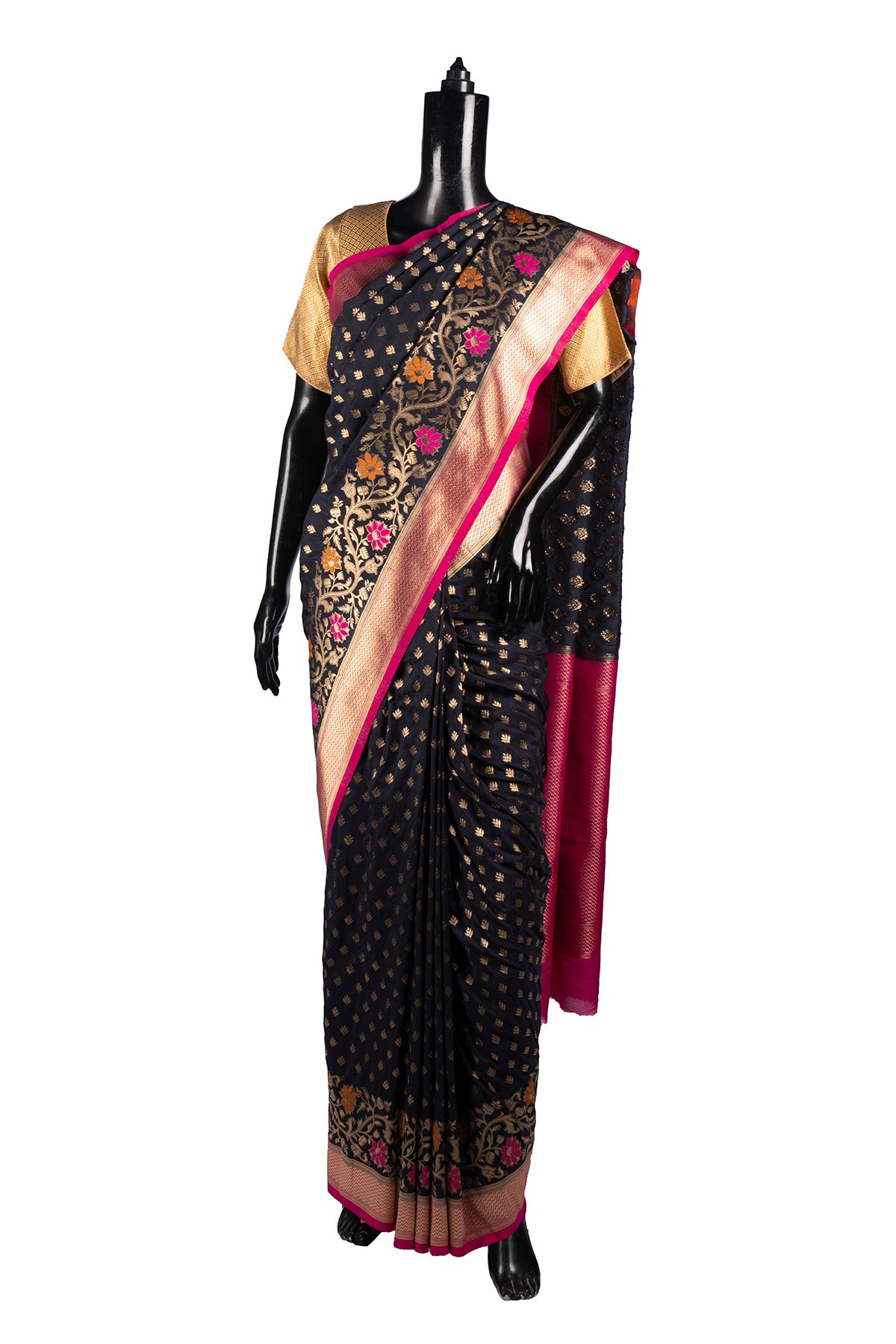 Silakaari Ada Navy Blue-Hot Pink Pure Floral Silk Banarasi Saree