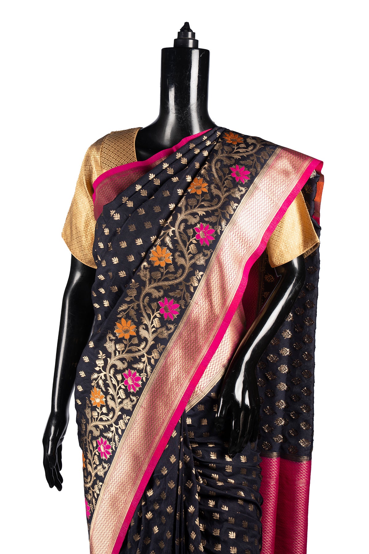 Silakaari Ada Navy Blue-Hot Pink Pure Floral Silk Banarasi Saree