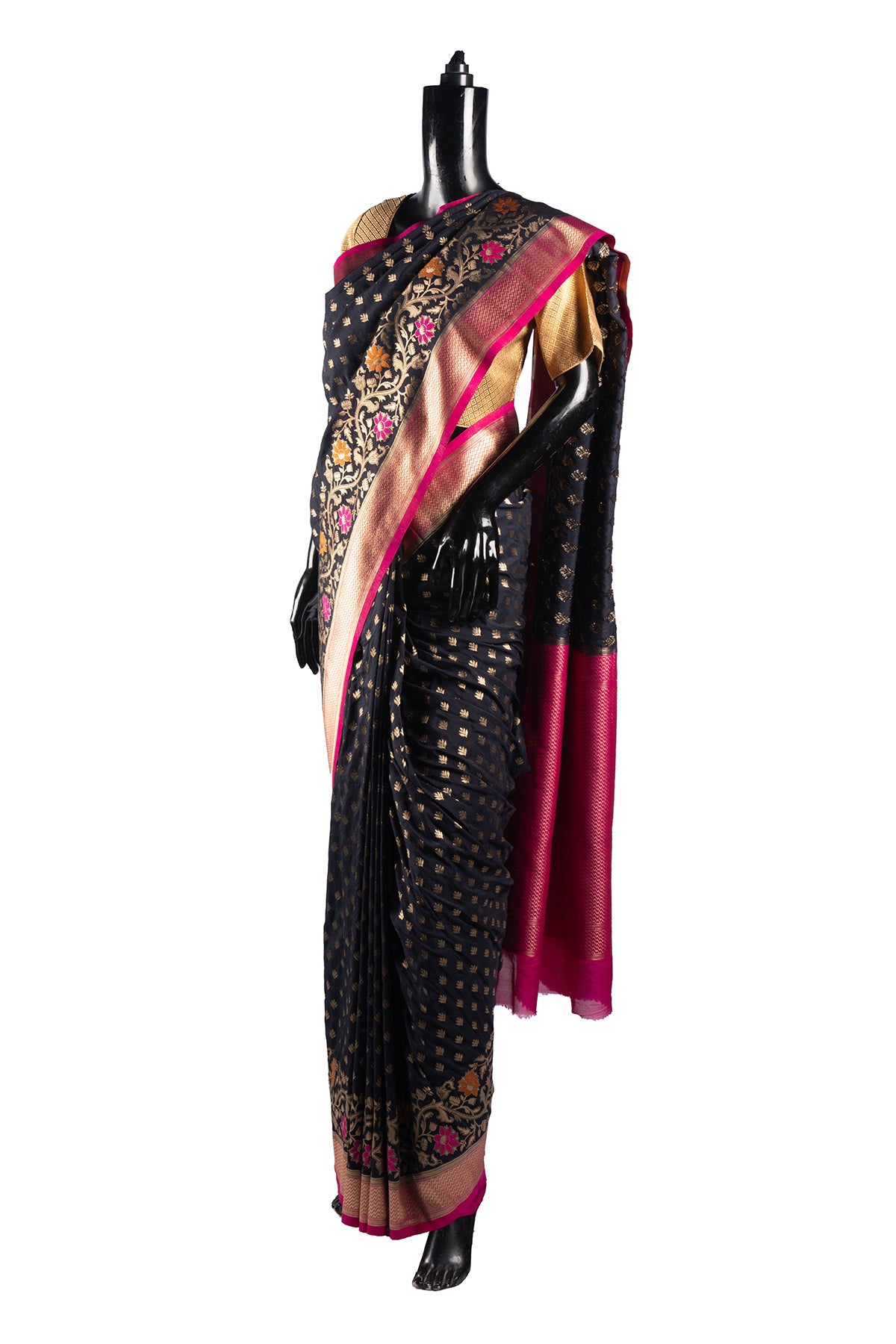 Silakaari Ada Navy Blue-Hot Pink Pure Floral Silk Banarasi Saree