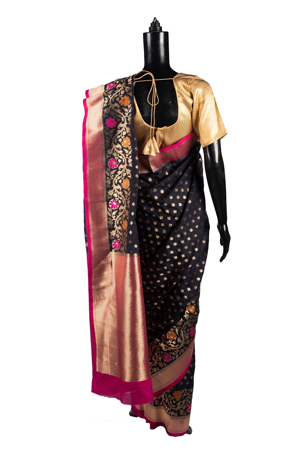 Silakaari Ada Navy Blue-Hot Pink Pure Floral Silk Banarasi Saree