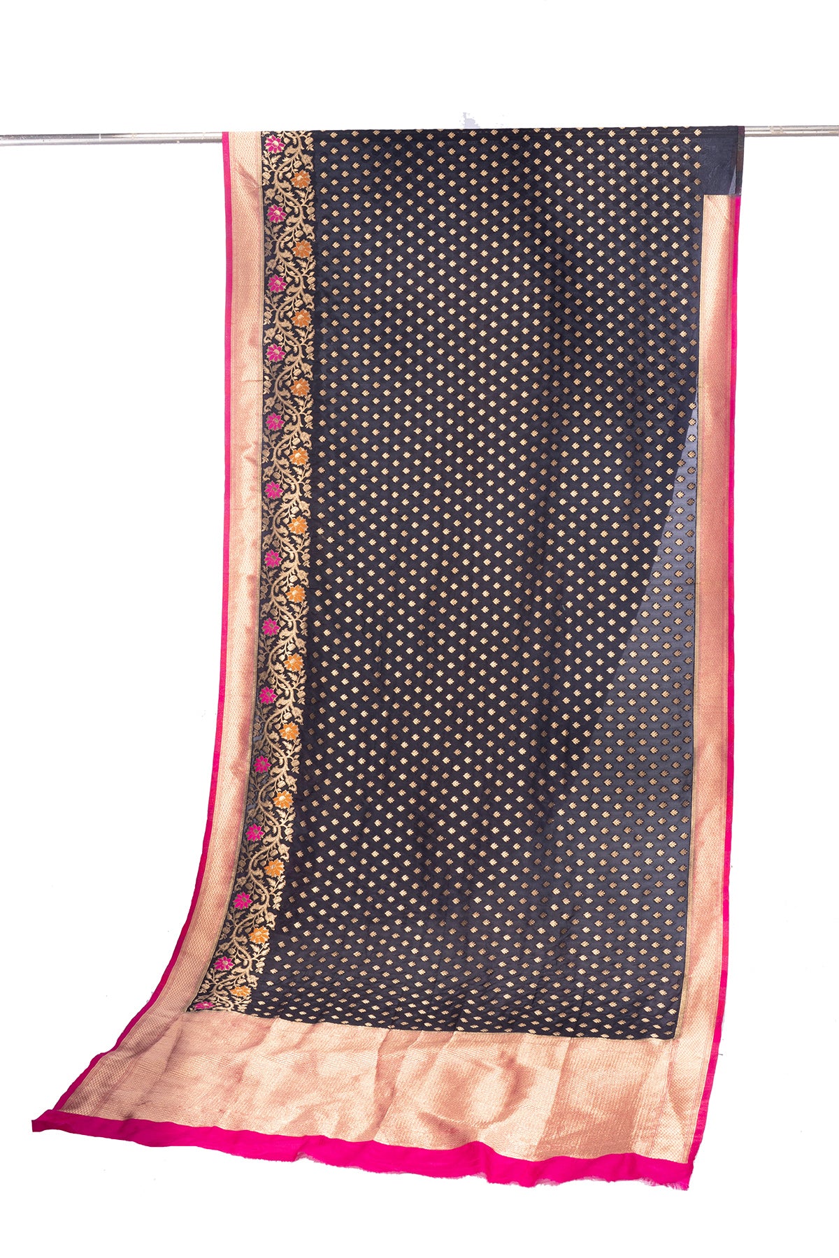 Silakaari Ada Navy Blue-Hot Pink Pure Floral Silk Banarasi Saree