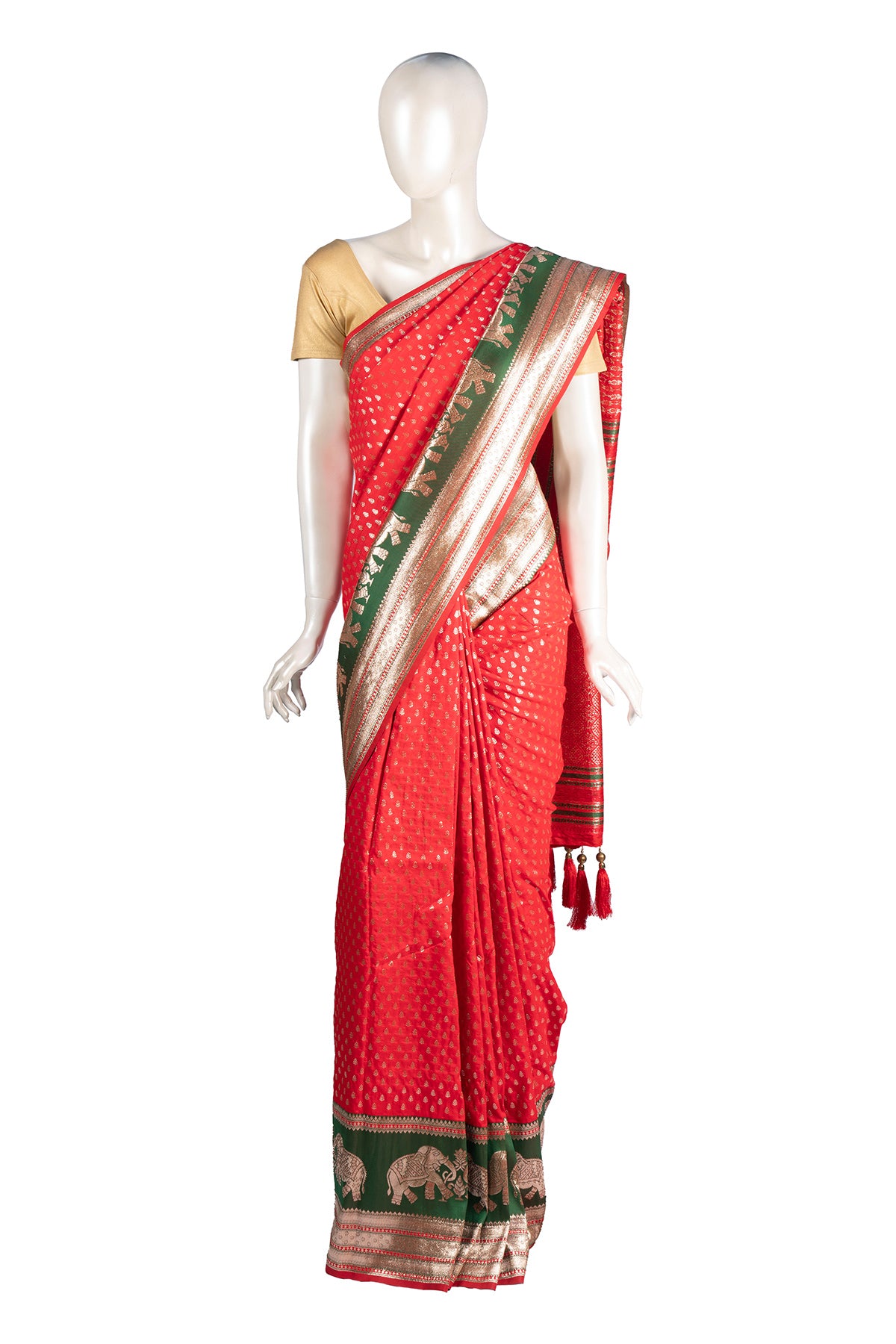 Silakaari Shaan Pink-Green Elephantt Zardosi Heavy Bridal Silk Saree