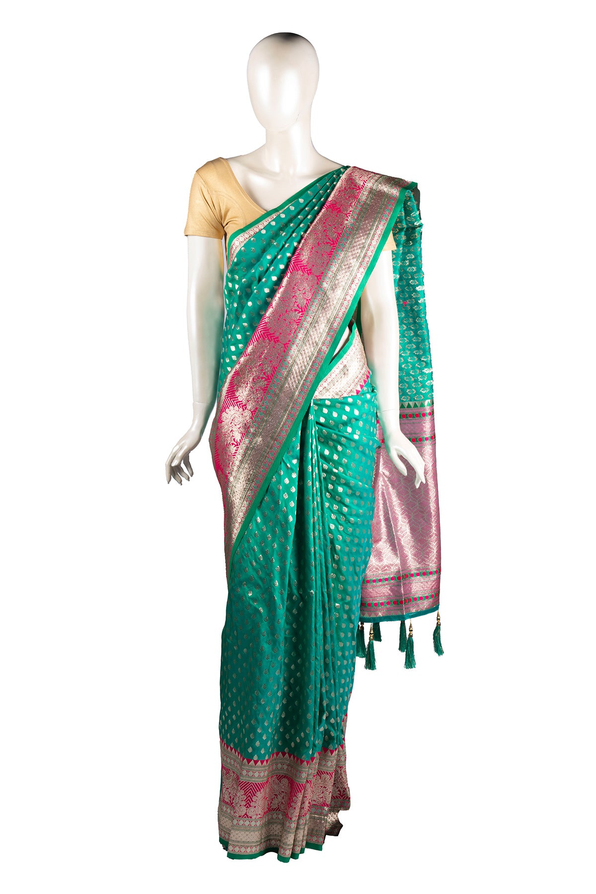 Luft Orangish Green Zardosi Embroidery Heavy Silk Bridal Saree