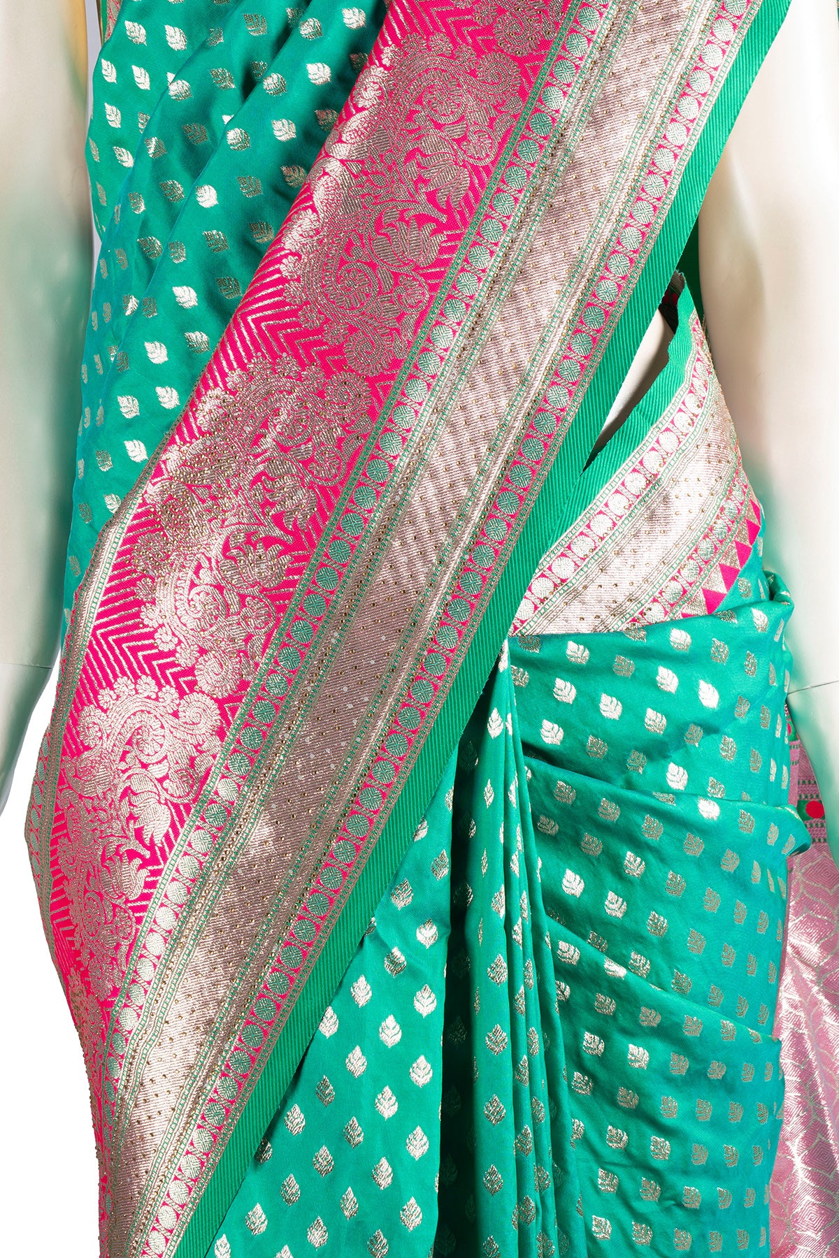 Luft Orangish Green Zardosi Embroidery Heavy Silk Bridal Saree