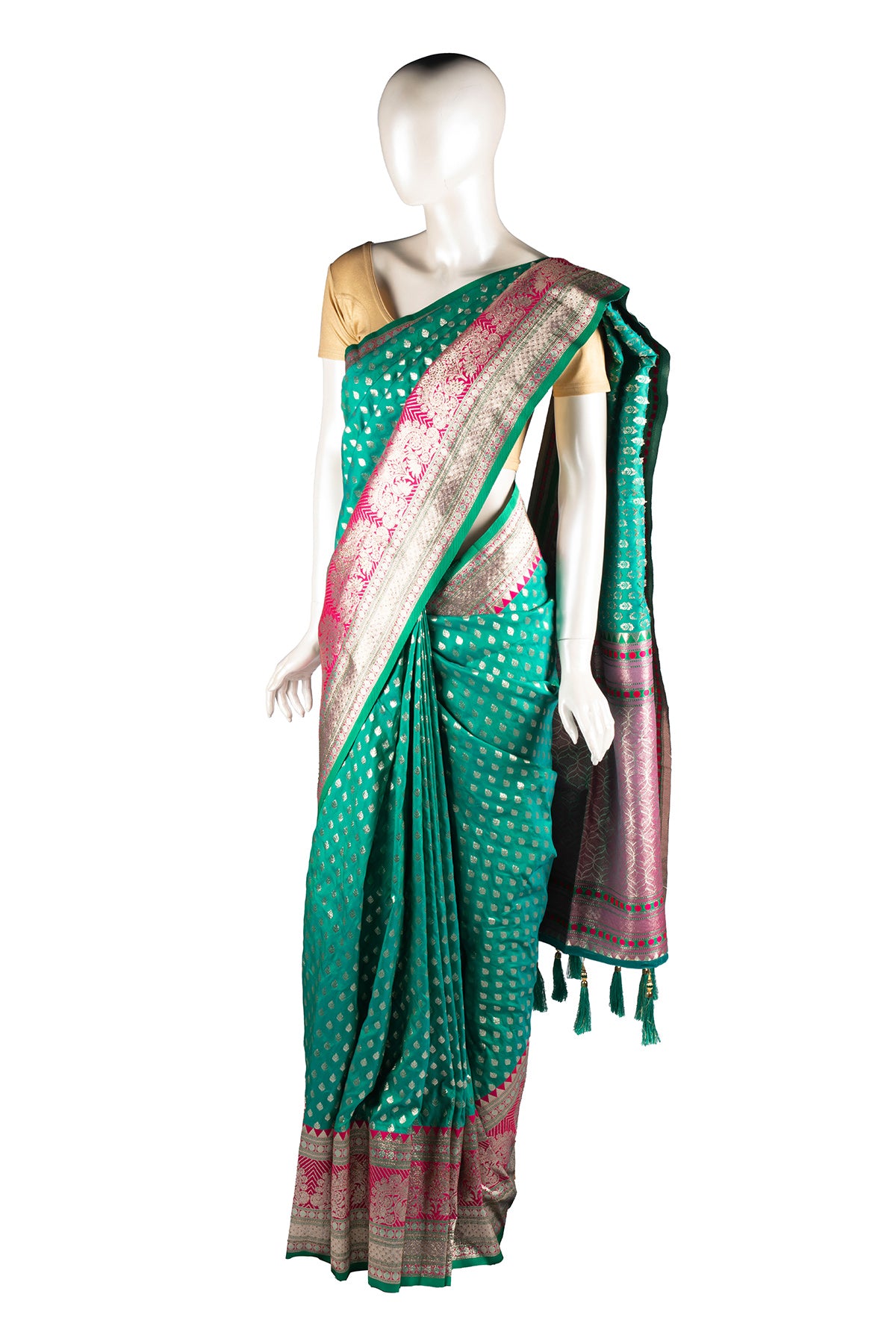 Luft Orangish Green Zardosi Embroidery Heavy Silk Bridal Saree