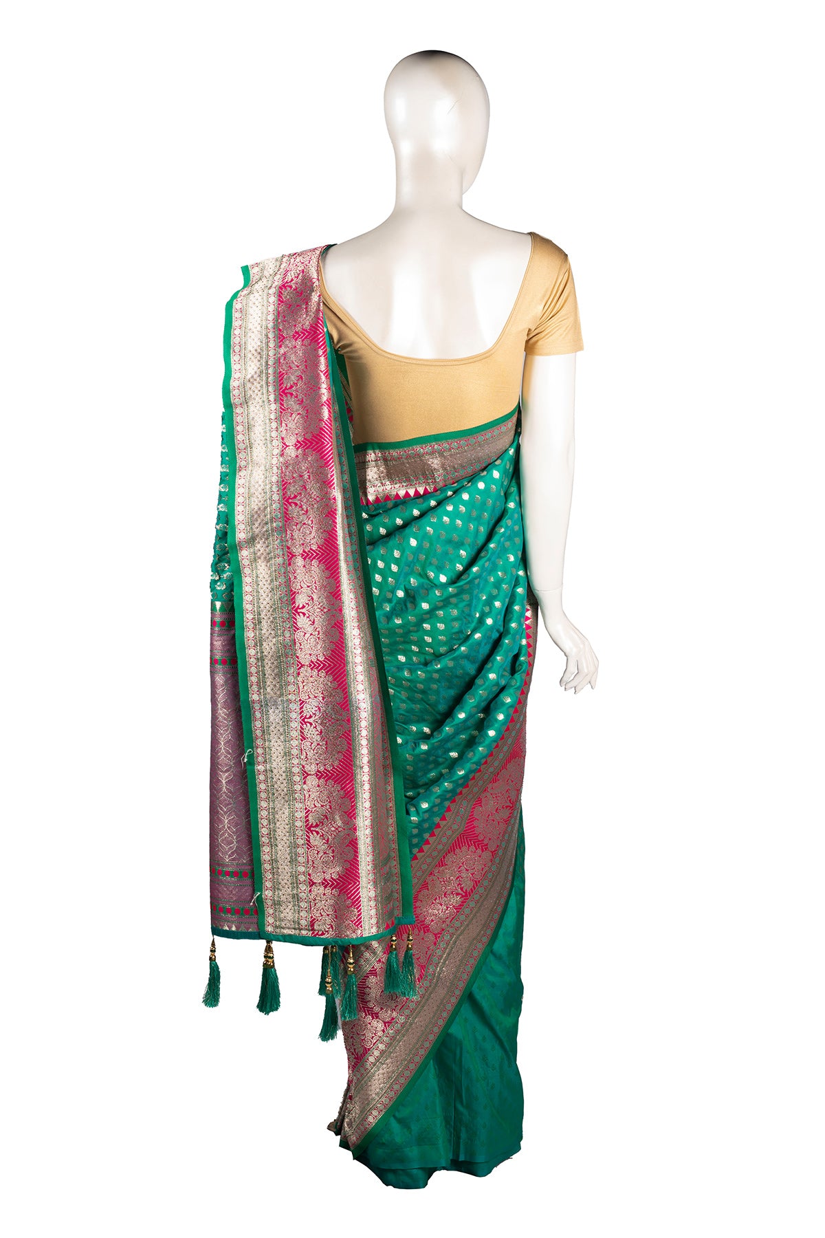 Luft Orangish Green Zardosi Embroidery Heavy Silk Bridal Saree