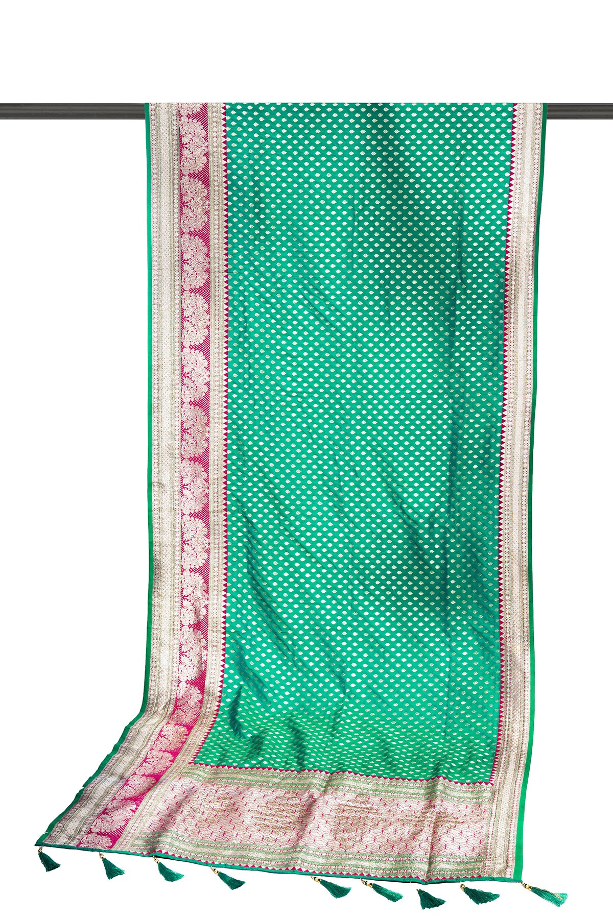 Luft Orangish Green Zardosi Embroidery Heavy Silk Bridal Saree