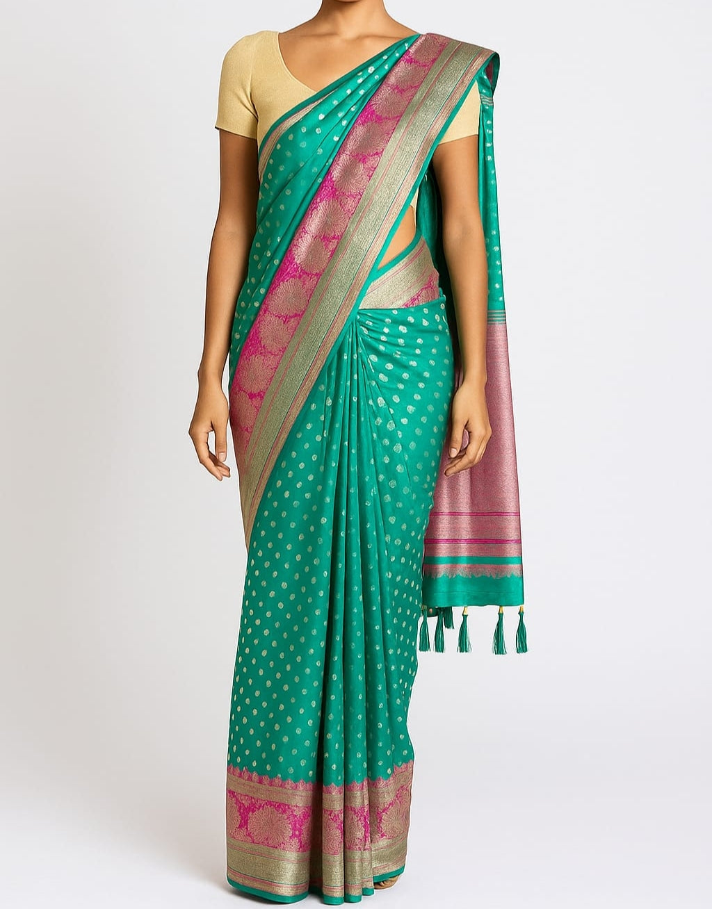 Luft Orangish Green Zardosi Embroidery Heavy Silk Bridal Saree