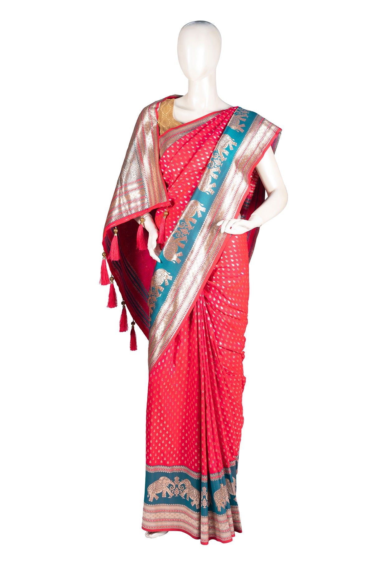 Silakaari Saba Green-Pink Heavy Zardosi Hand Work Bridal Saree
