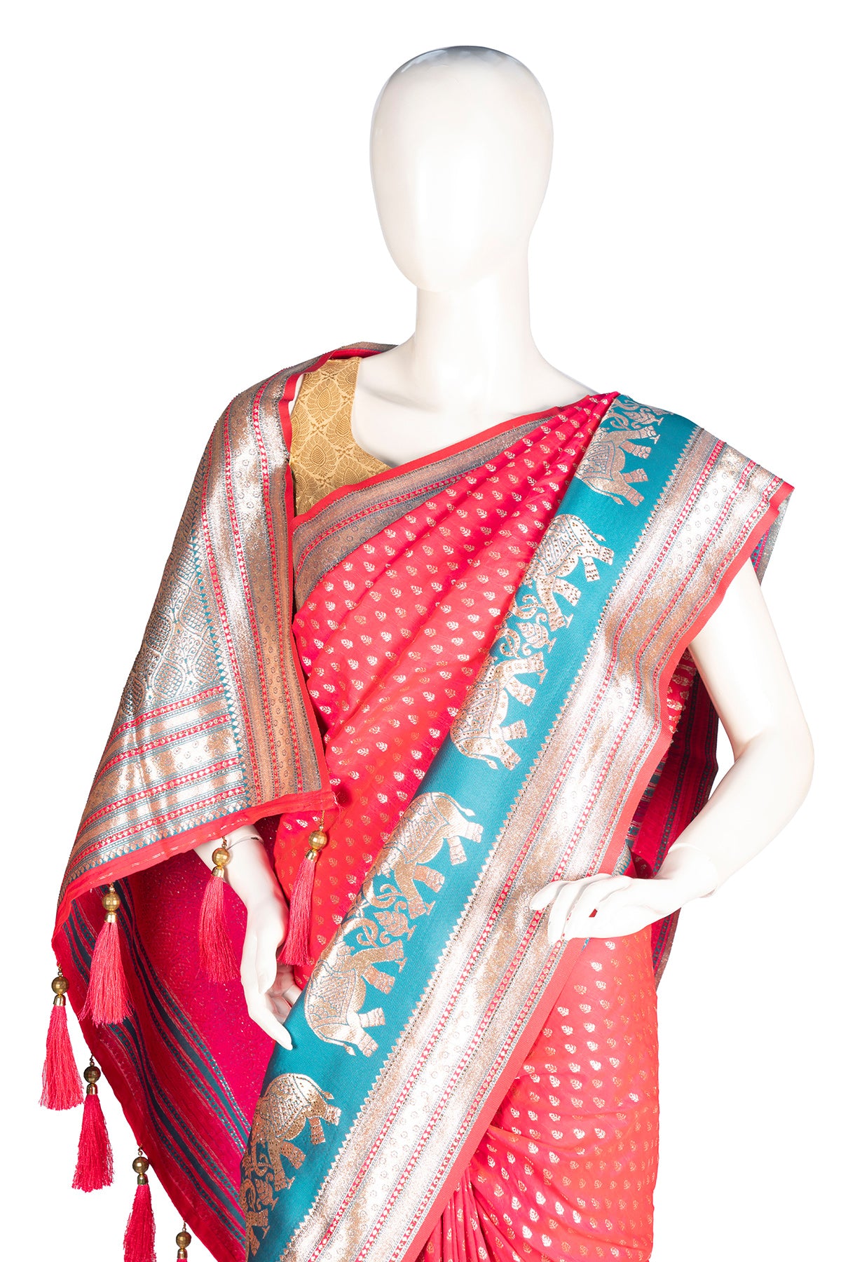 Silakaari Saba Green-Pink Heavy Zardosi Hand Work Bridal Saree