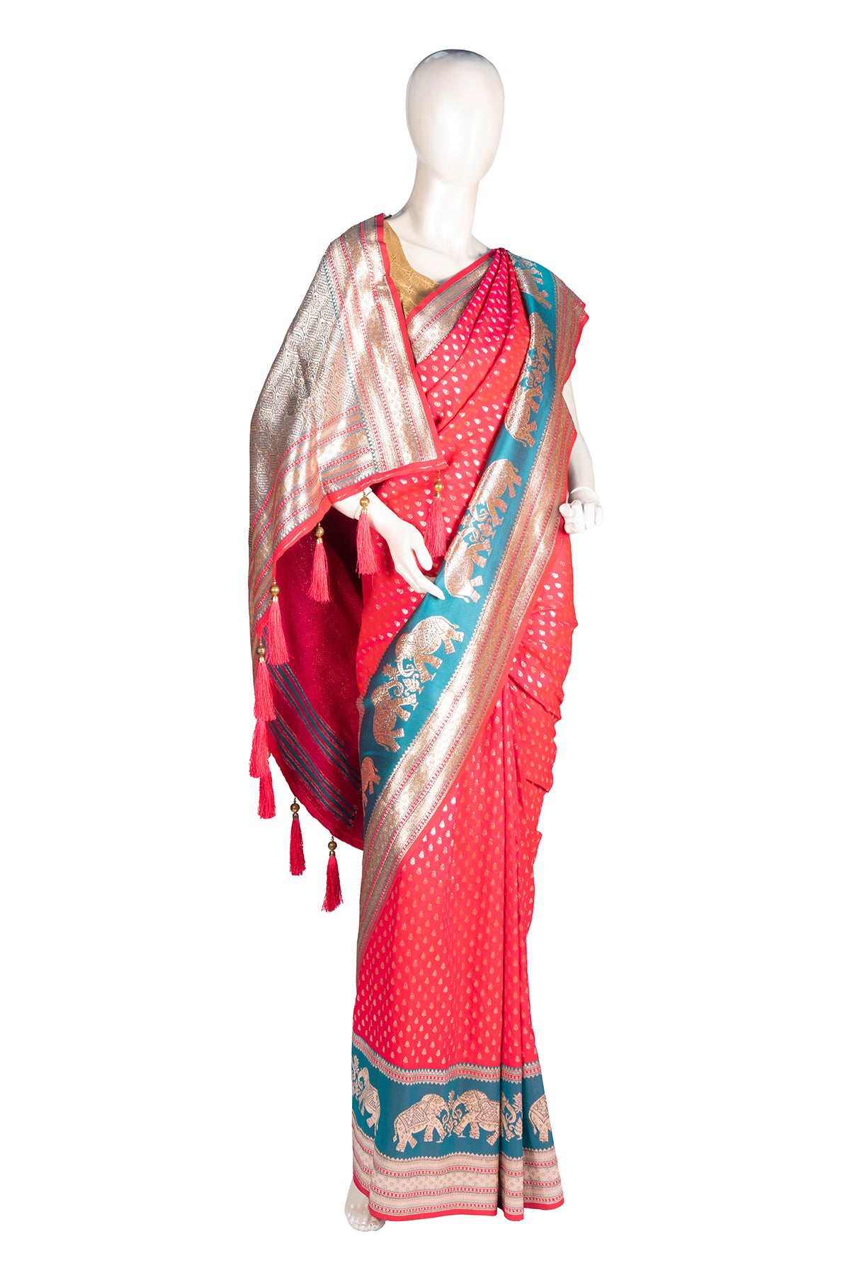 Silakaari Saba Green-Pink Heavy Zardosi Hand Work Bridal Saree