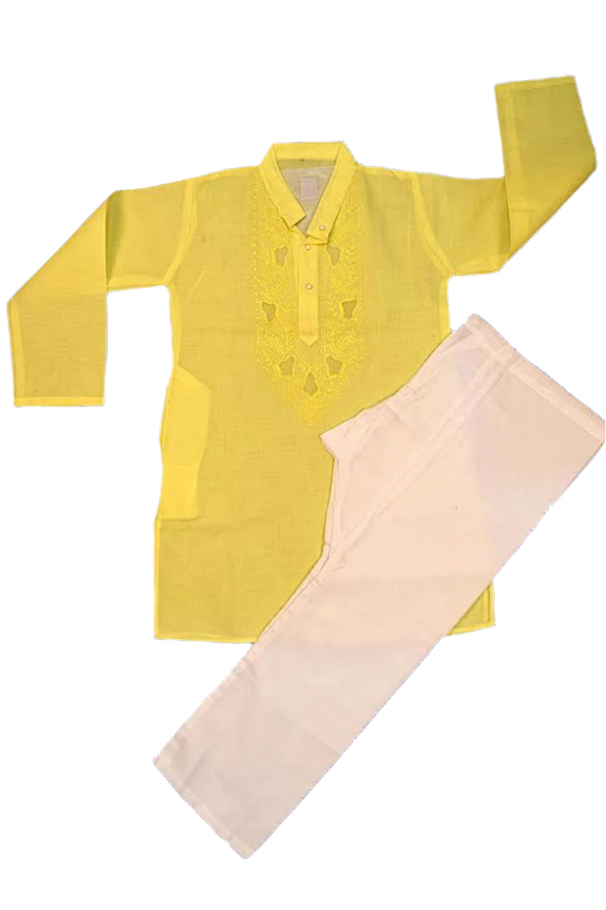 Silakaari Kids Yellow Lucknowi Pure Cotton Kurta Pajama Set For Boys