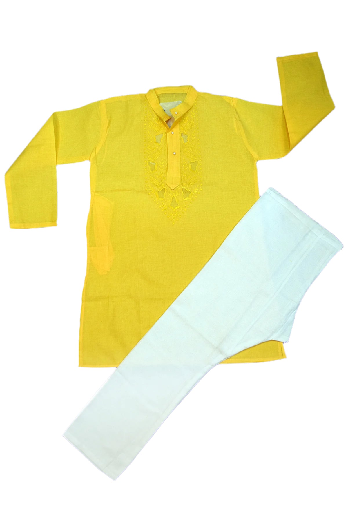 Silakaari Kids Bright Yellow Lucknowi Pure Cotton Kurta pajama Set For Boys