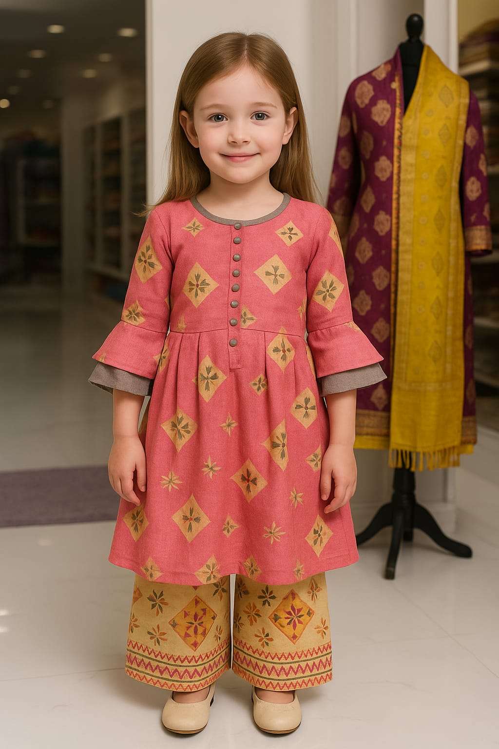 Silakaari Kids Bell Sleeve Foil Printed Palazzo Set For Girls
