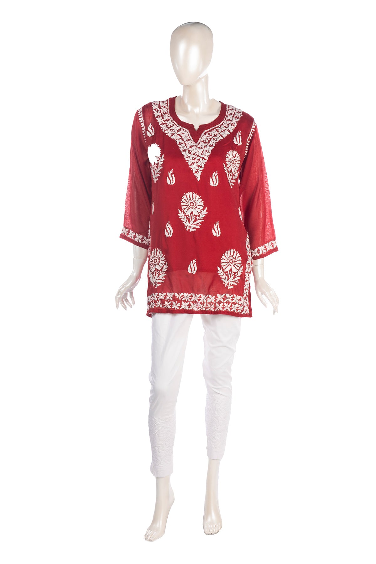 Silakaari Pure Muslin Maroon Heavy Lucknowi Straight Short Kurti With Pant Set