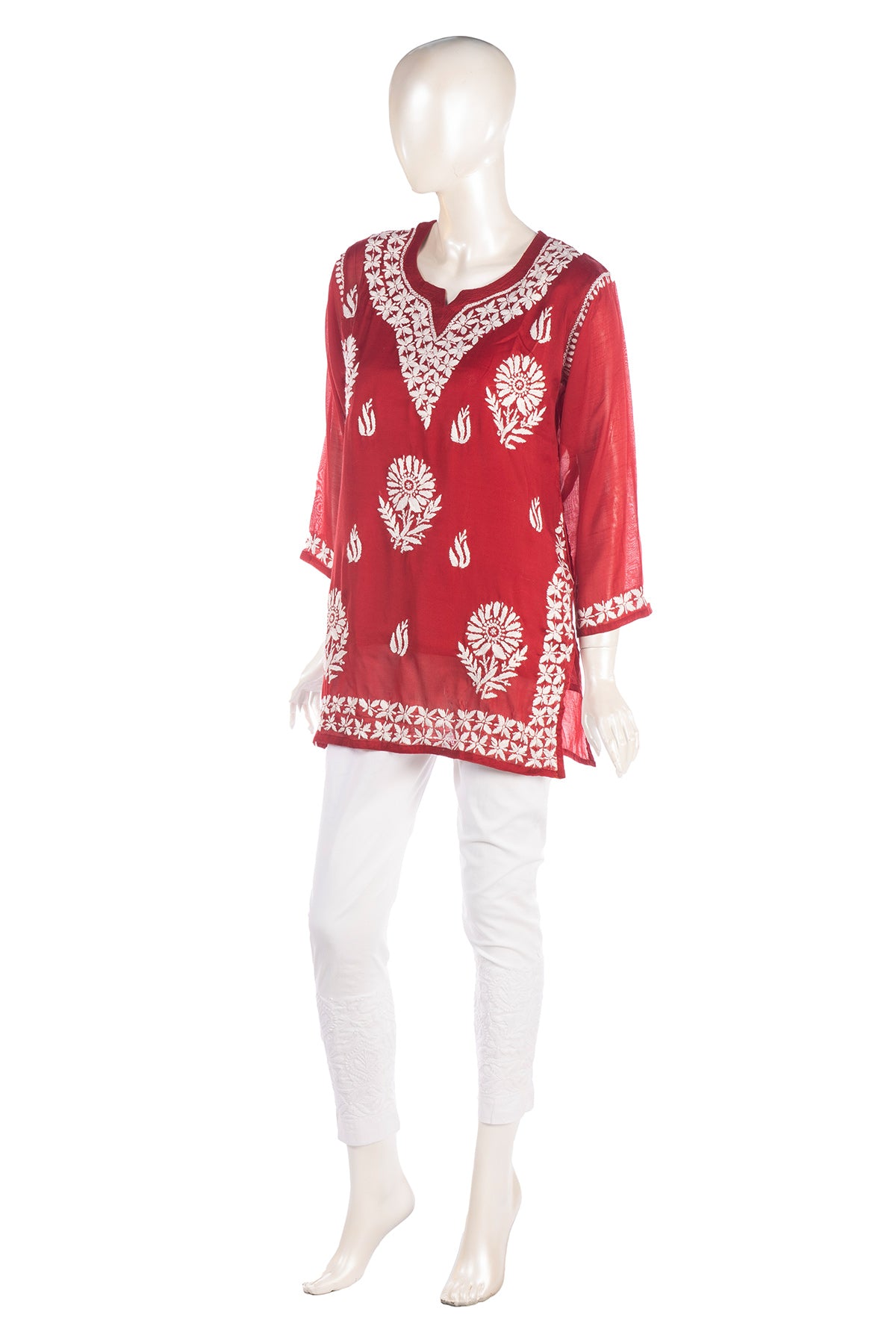 Silakaari Pure Muslin Maroon Heavy Lucknowi Straight Short Kurti With Pant Set